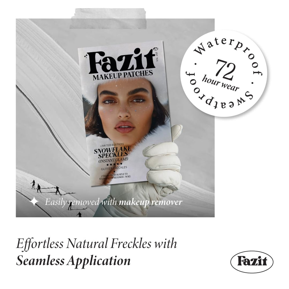 Fazit festive glitter patches on cheeks provide party-ready brightness.