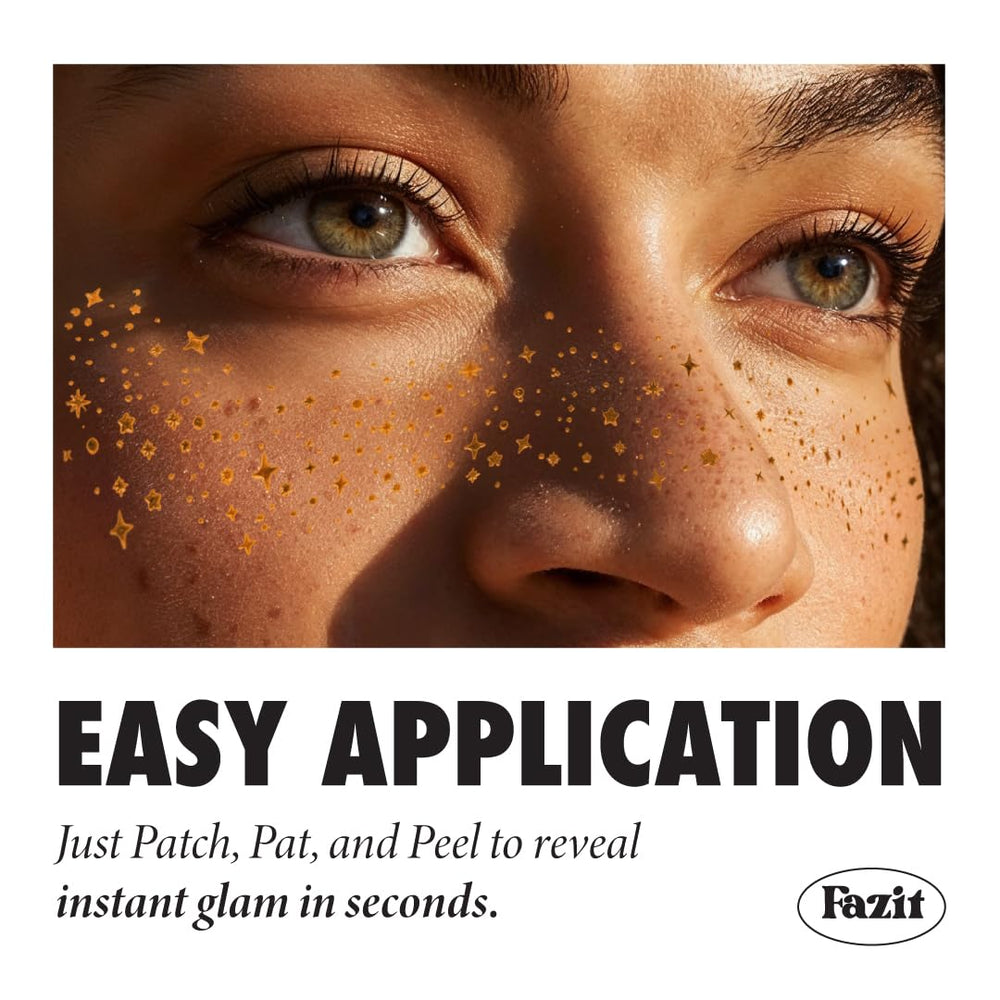 Fazit makeup patches glitter accents detail closeup for festive cosmetic sparkle.