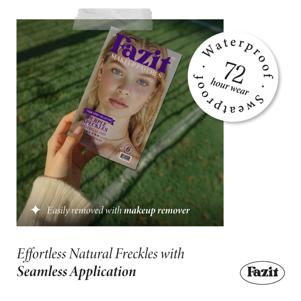 Fazit makeup patches worn on face deliver subtle shimmer lift.