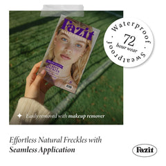 Fazit makeup patches worn on face deliver subtle shimmer lift.