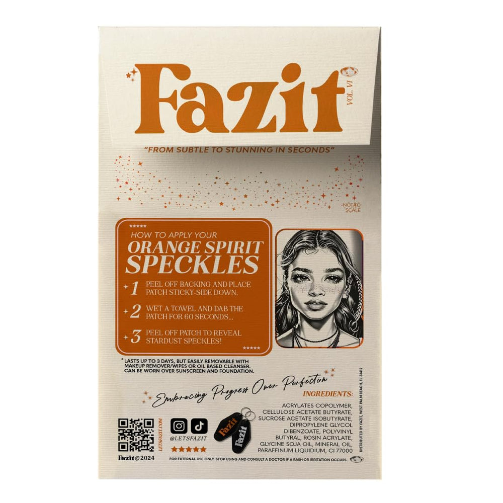 Fazit makeup patches orange speckles on face demonstrating quick glow enhancement.