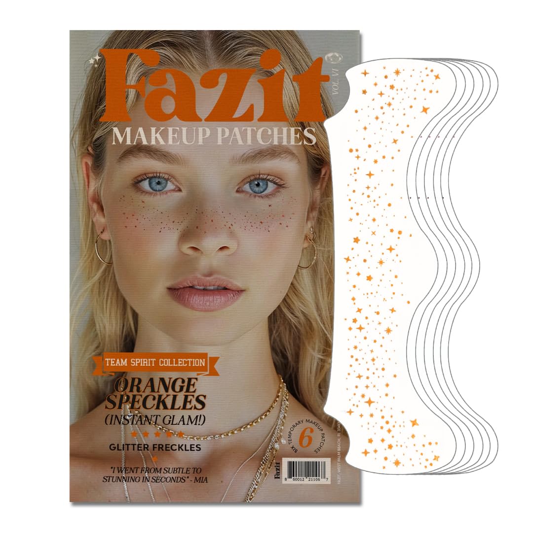 Fazit makeup patches orange speckles packaging closeup highlighting glitter accents for radiant facial detail.
