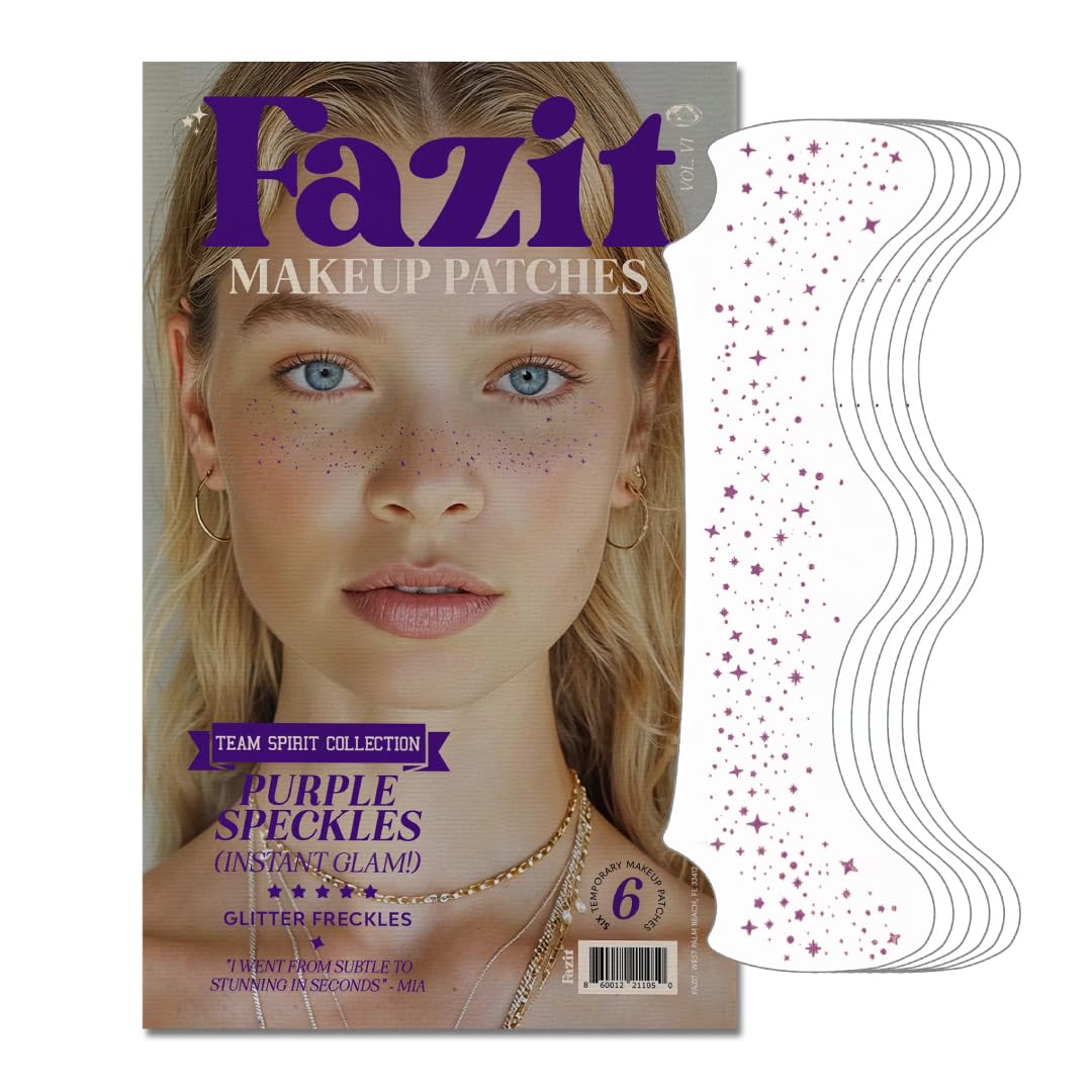 Fazit makeup patches purple speckles closeup highlight glitter for festive looks.