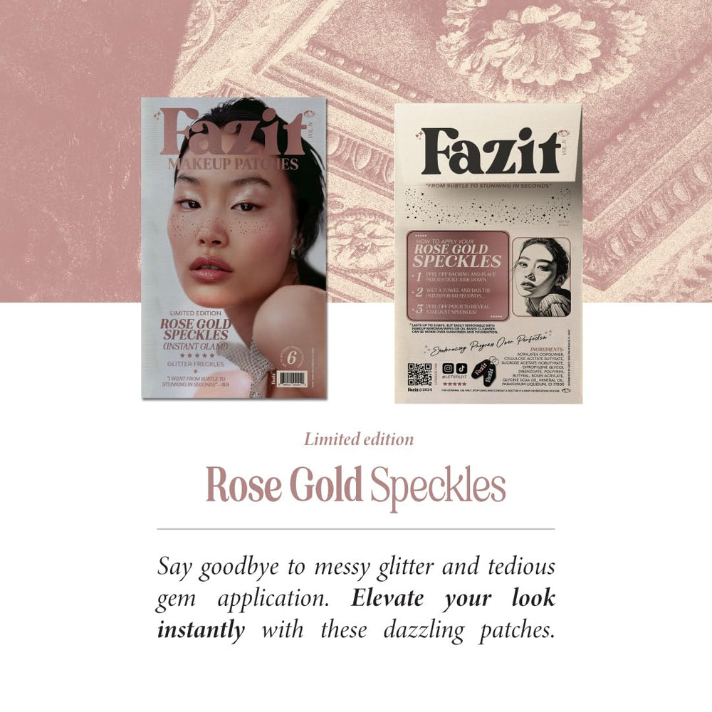 Fazit Makeup Patches Rose Gold Speckles packaging display highlighting chic glitter accents