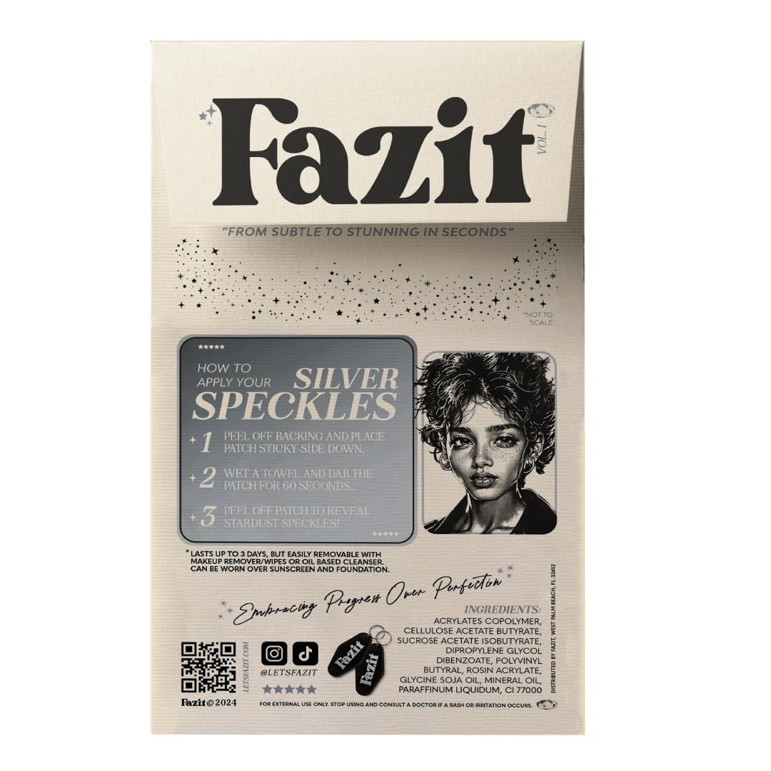 Fazit makeup patches silver speckles on skin for quick, radiant sparkle.