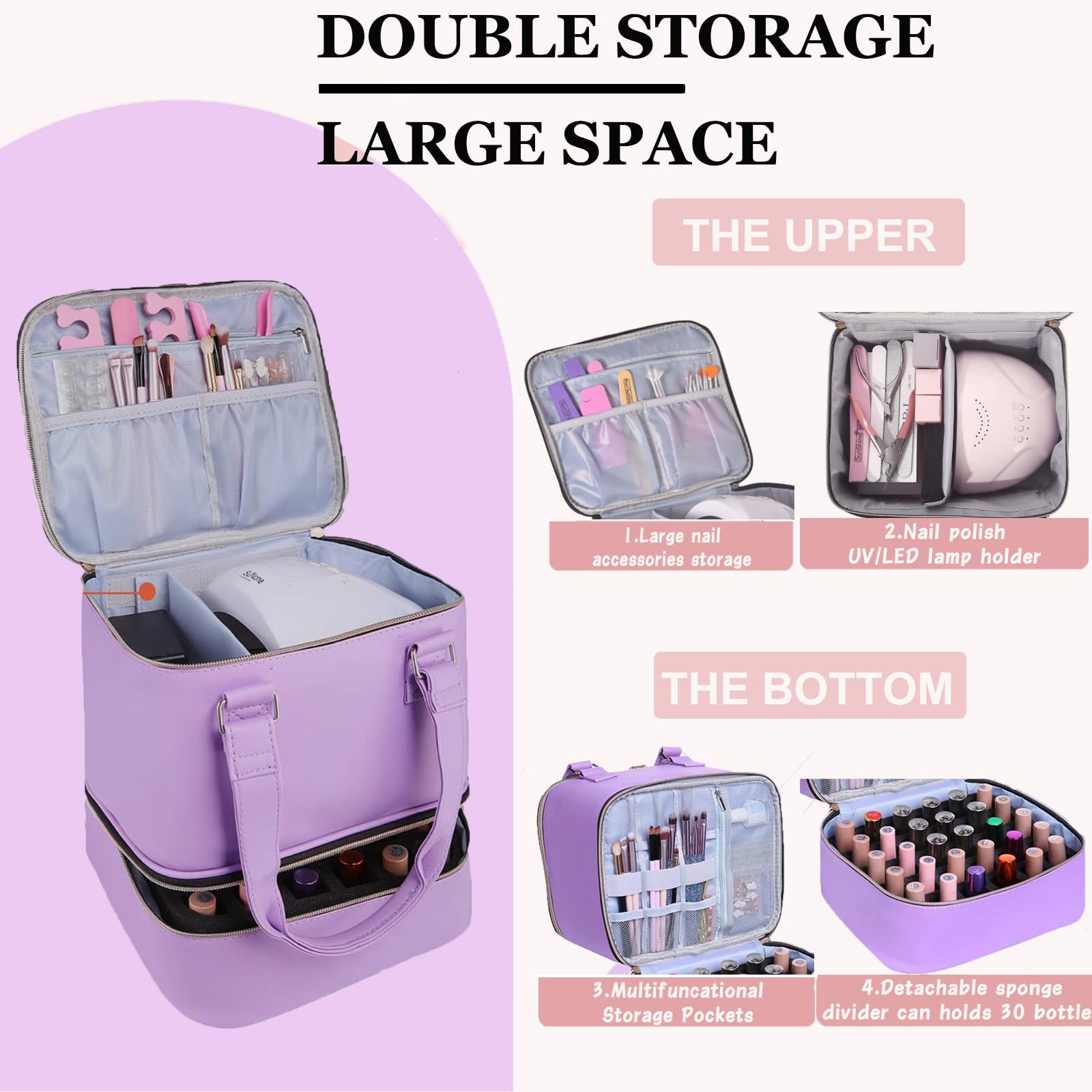 FCQQYWZ Nail Polish Case lower layer holds 30+ bottles and tools securely