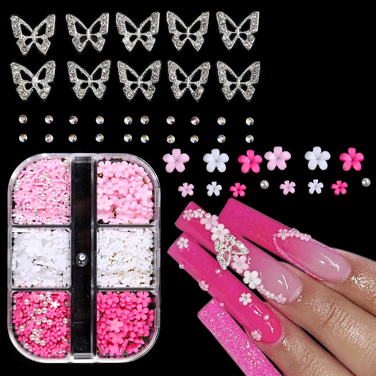 Fcozpjk 3D nail flowers pink and white for chic decor and customization.