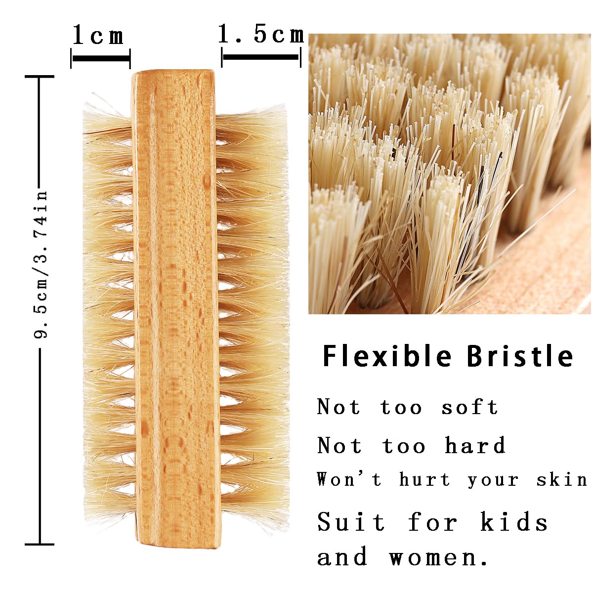 Fcozpjk nail brush bamboo bristles dual-length for dirt removal