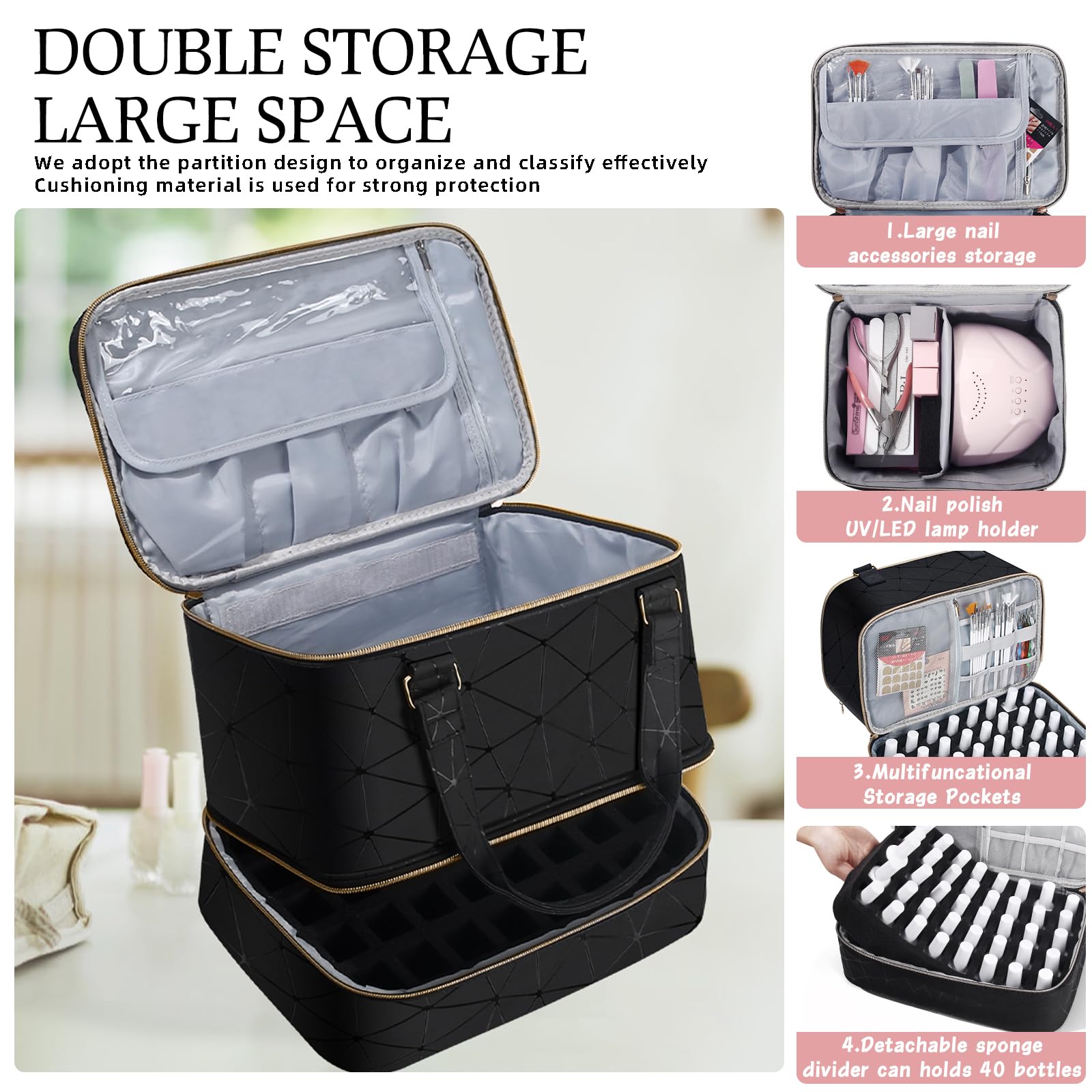 FCQQYWZ Nail Polish Organizer lower compartment with dividers safely holds bottles.