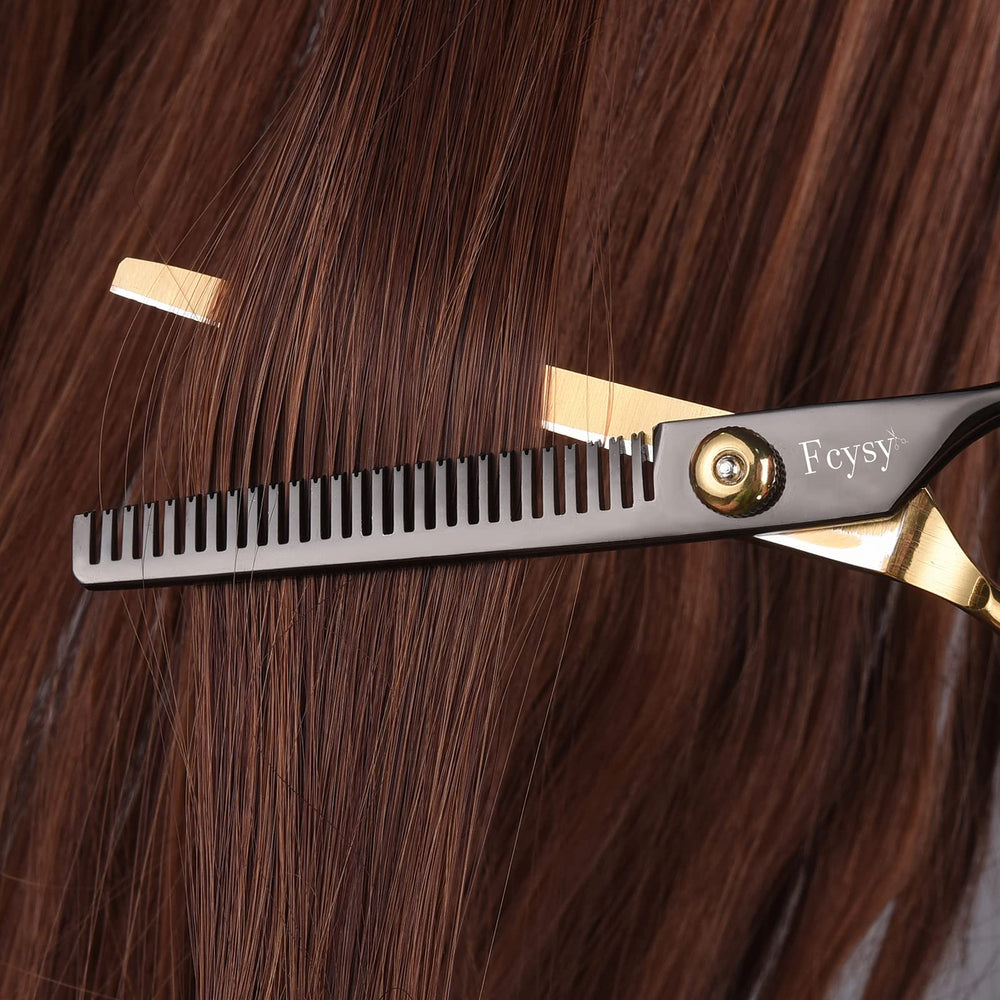 Fcysy 6-inch barber shears feature a safe top blade design for easy use.