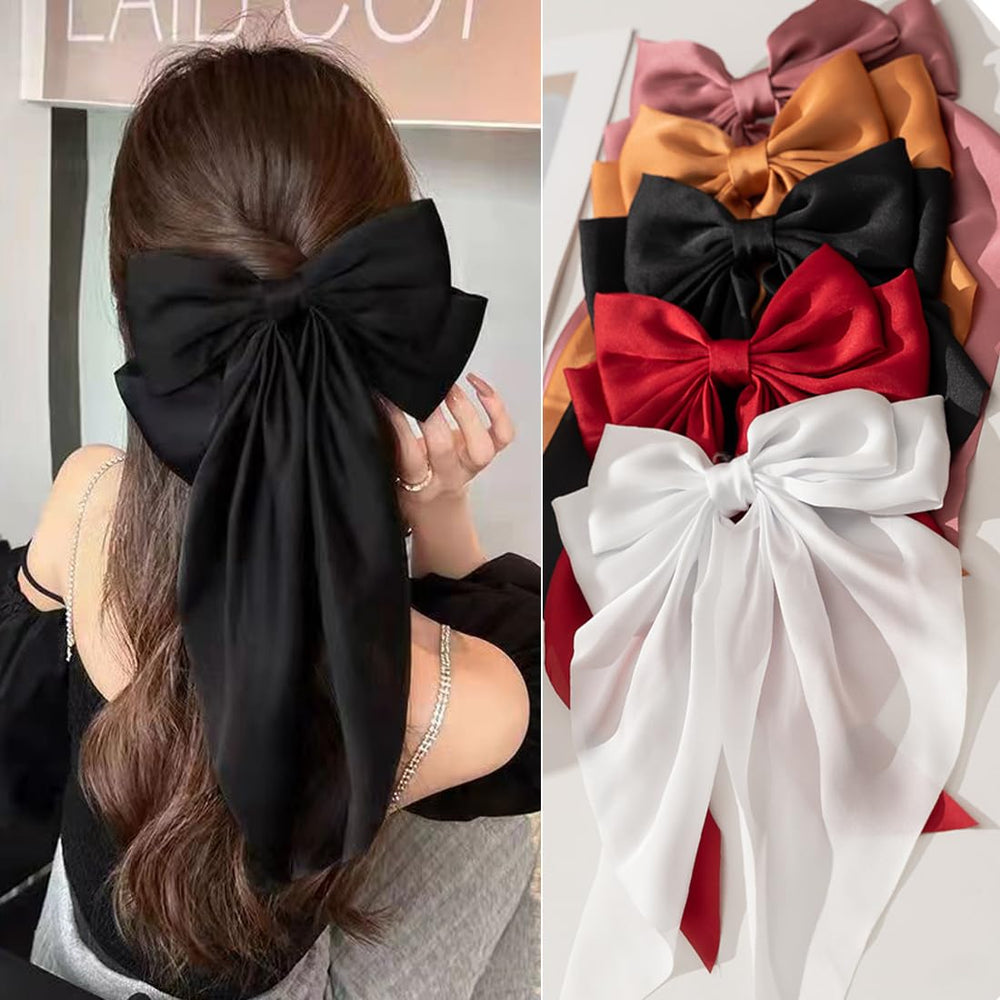 FDBJulyy premium black satin bow clip front view showing strong grip for thick hair.