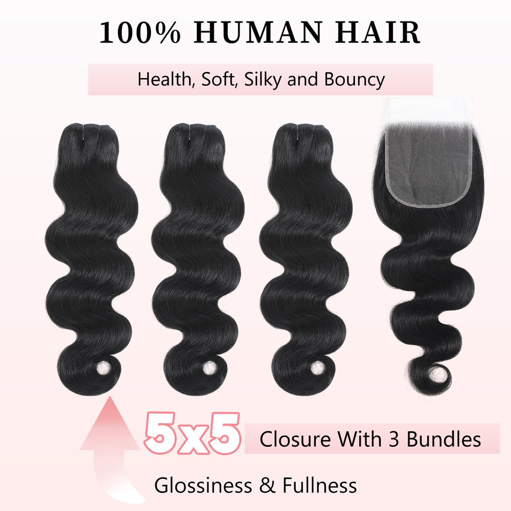 Fdola body-wave bundles 24-inch closure deliver full, long hair look.