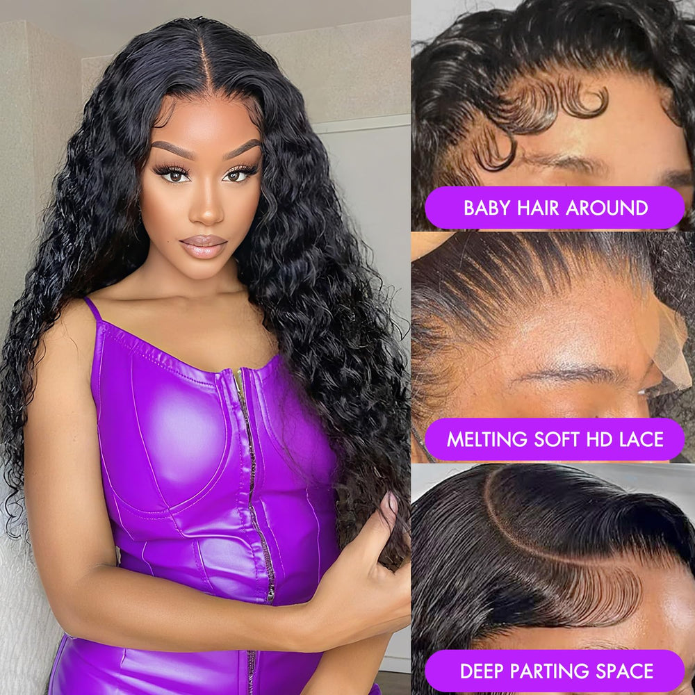 FDSAFEF 34-Inch Deep Wave Wig side part highlights versatile parting options