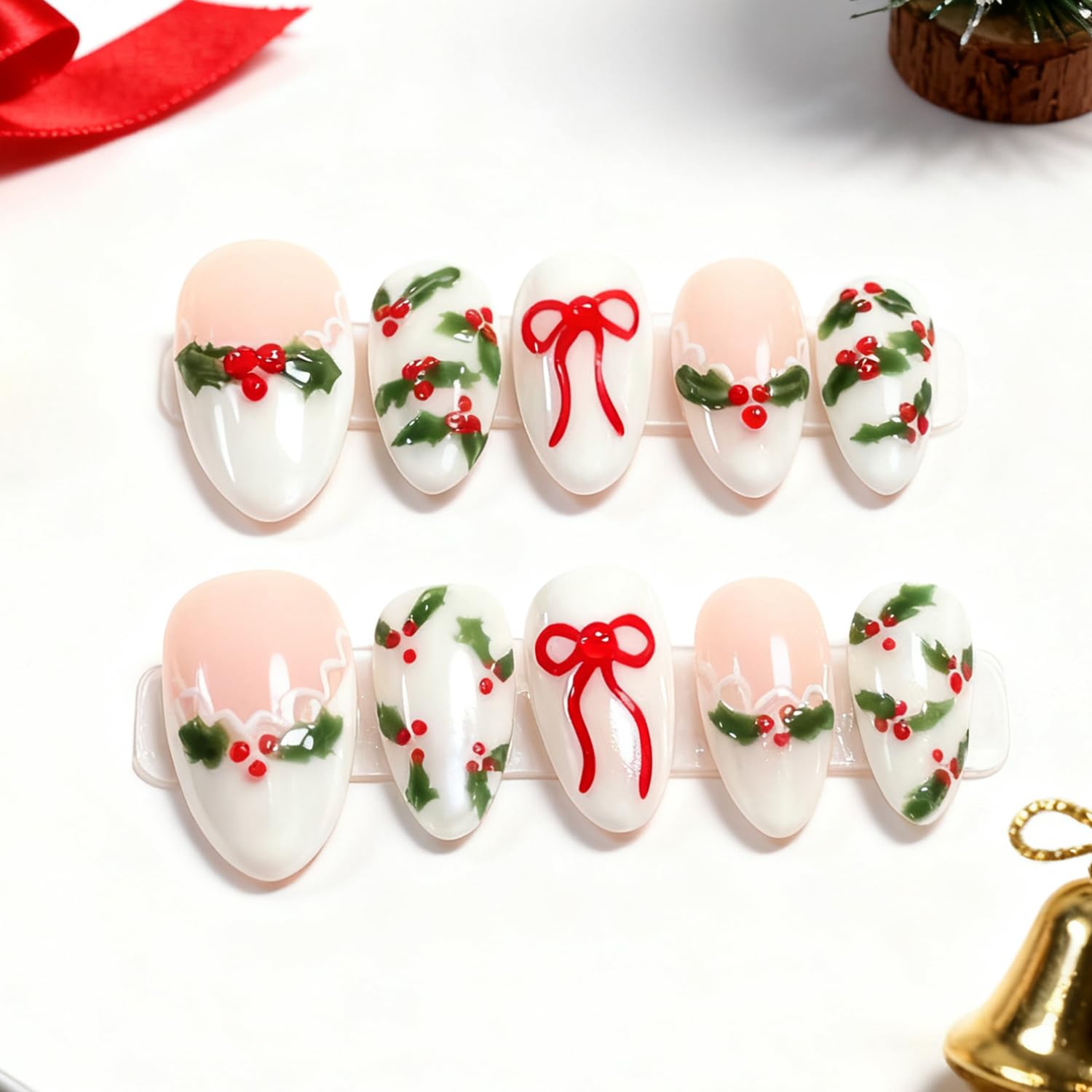 FDSQHSA Christmas nails almond short with red rhinestones for festive, long-lasting sparkle.