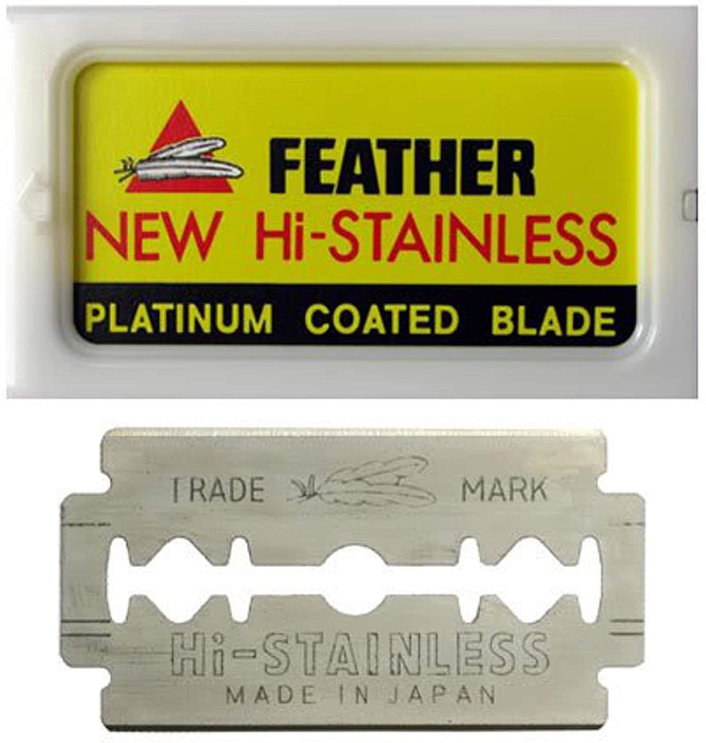 Feather double-edge blades with platinum coating from Japan for precise, close shaves.