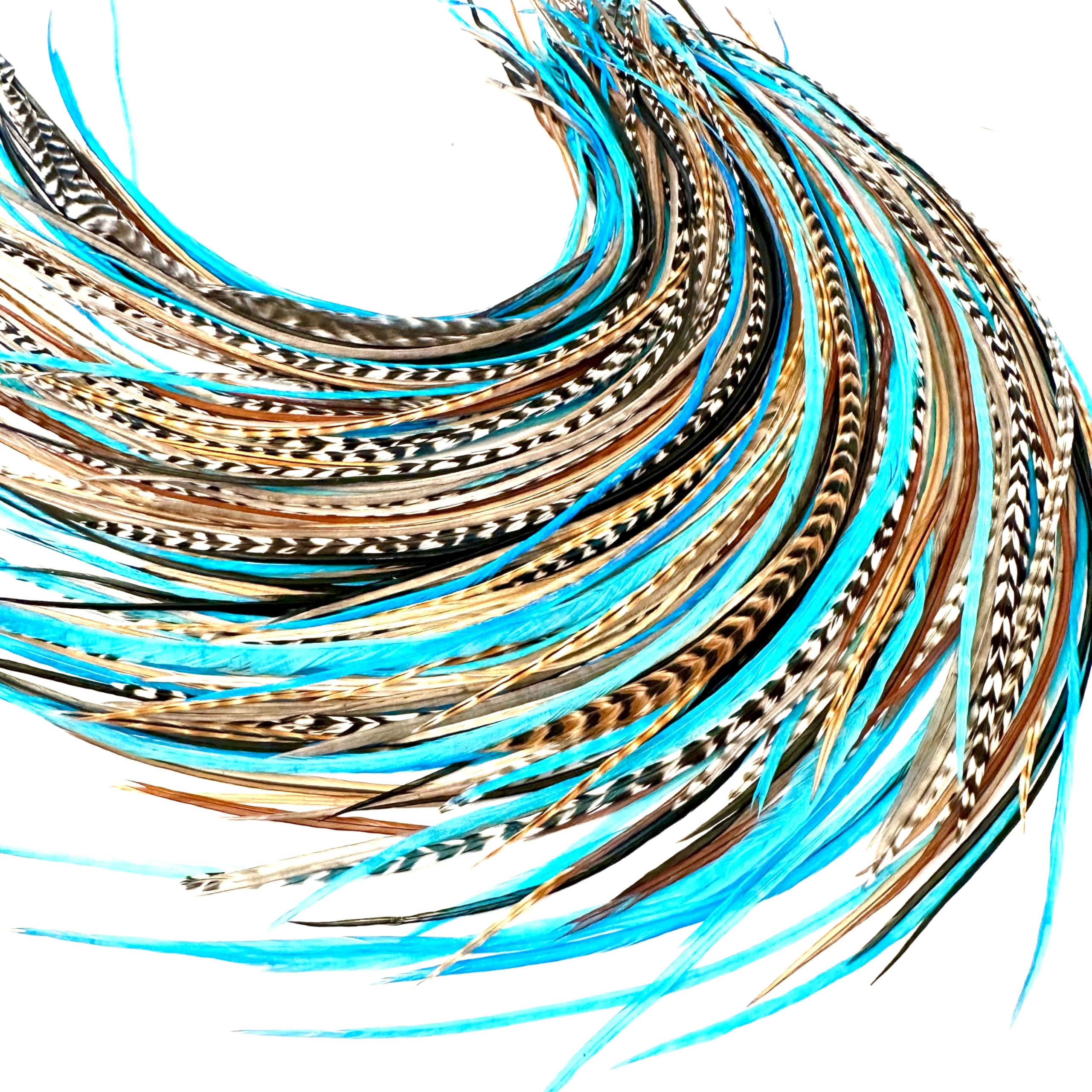 Feather Headz 21 natural turquoise feathers for vibrant boho hair color and easy styling.