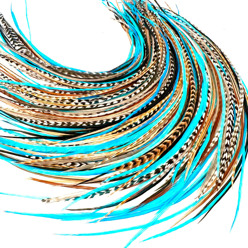 Feather Headz 21 natural turquoise feathers for vibrant boho hair color and easy styling.