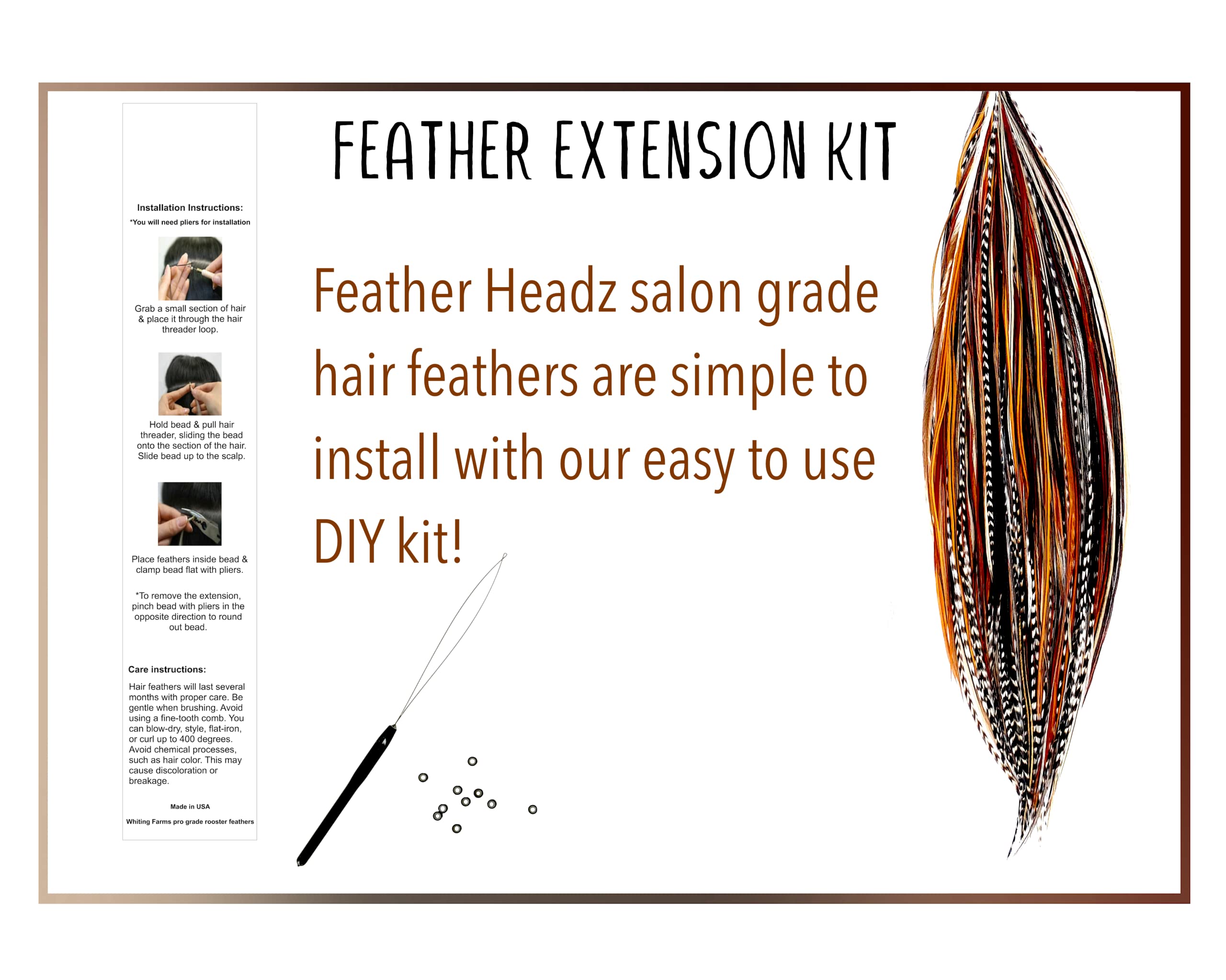 Feather Headz DIY rooster kit emphasizes easy installation with 20 micro-link beads.