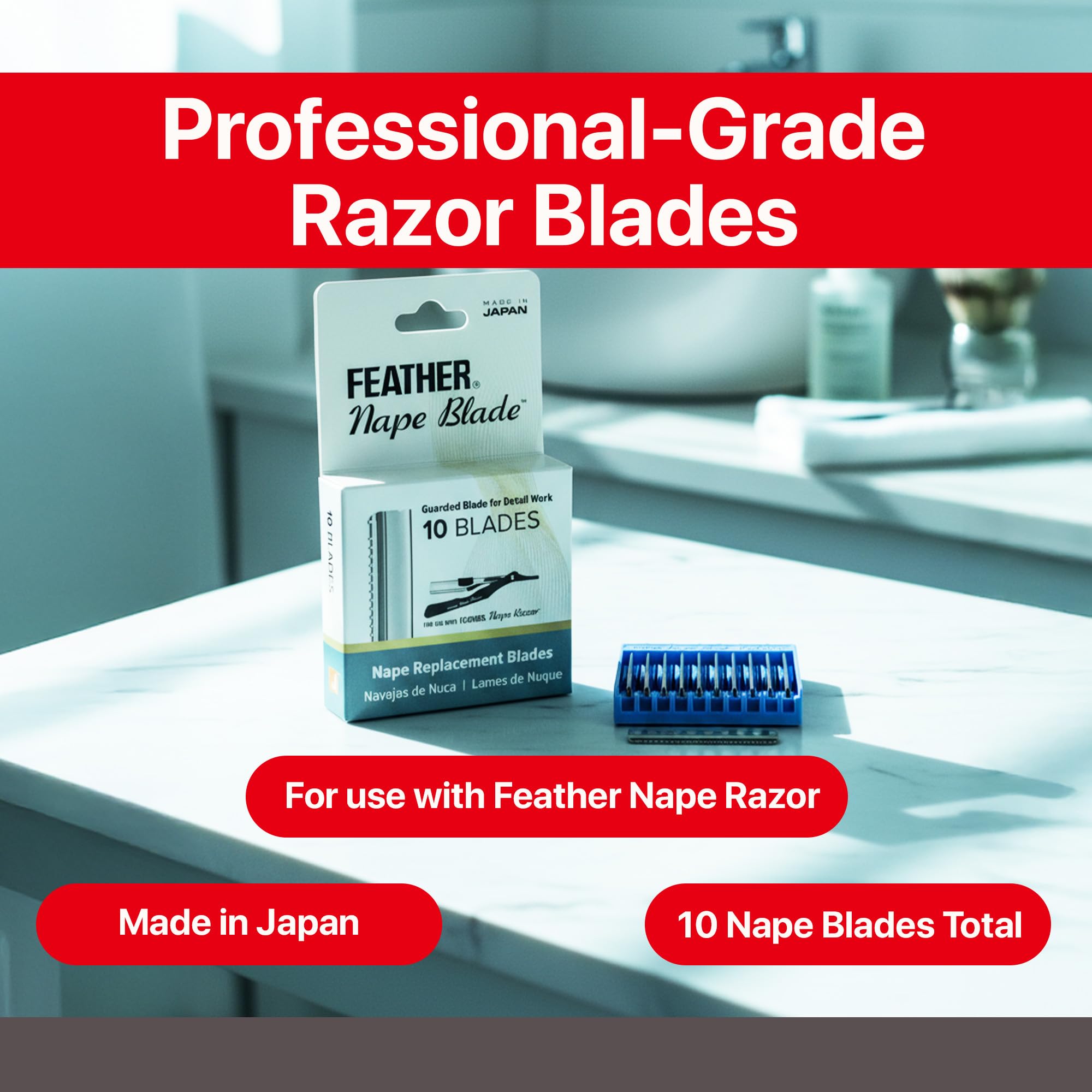 Feather Nape Blades brand-logo signals trusted grooming tool