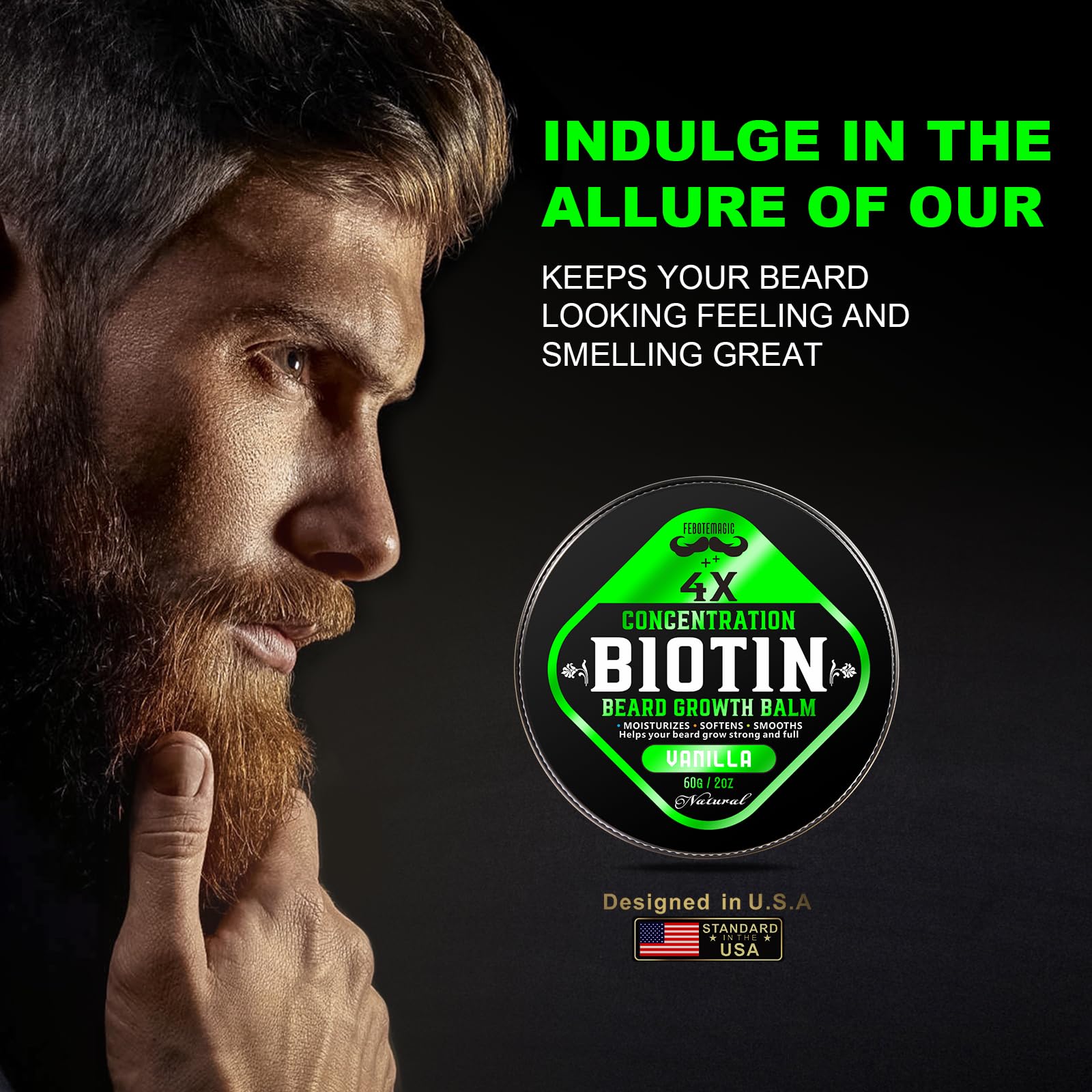 FEBOTE beard close-up demonstrates softening and hydration of facial hair.
