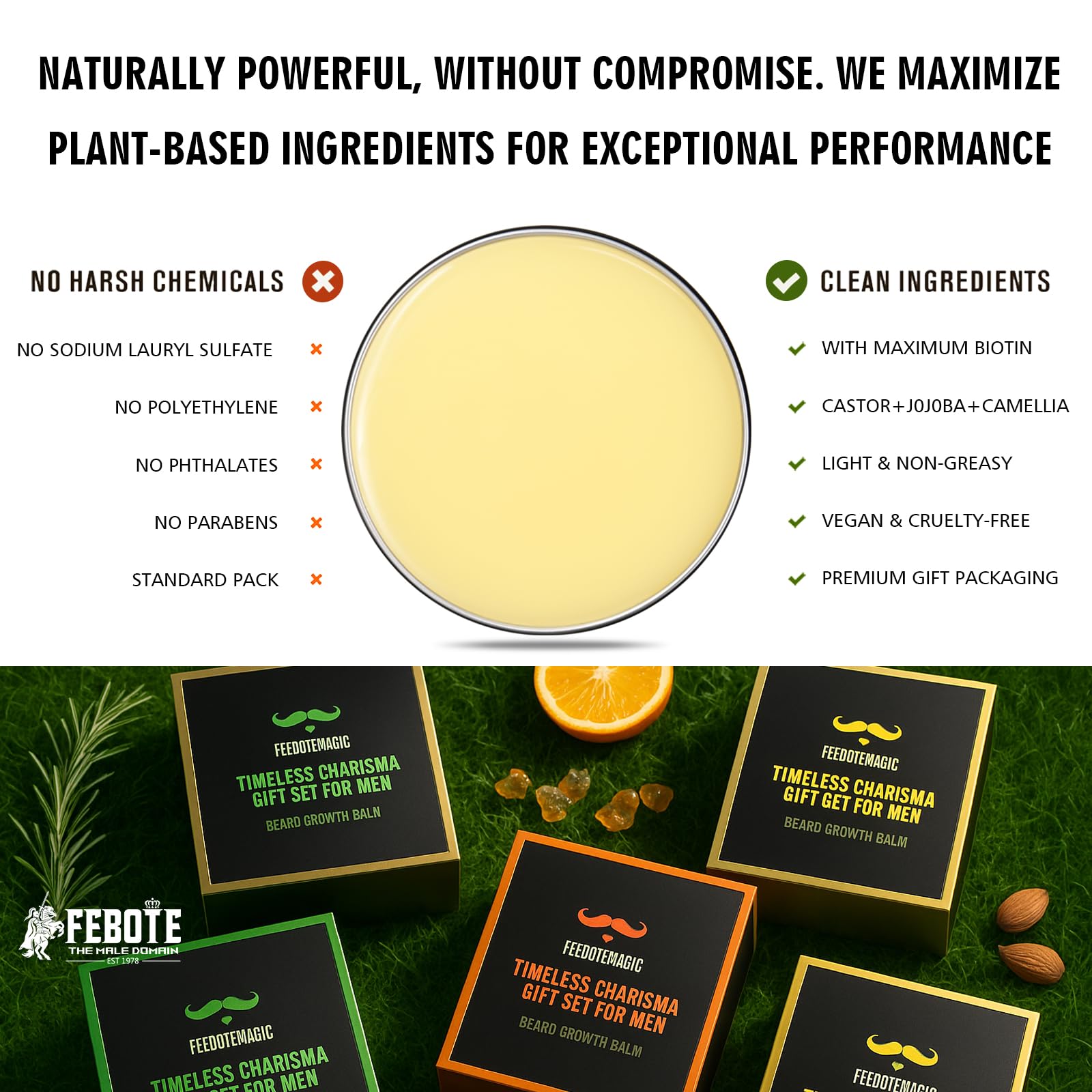 FEBOTE ingredients list near balm for nourishing oils.