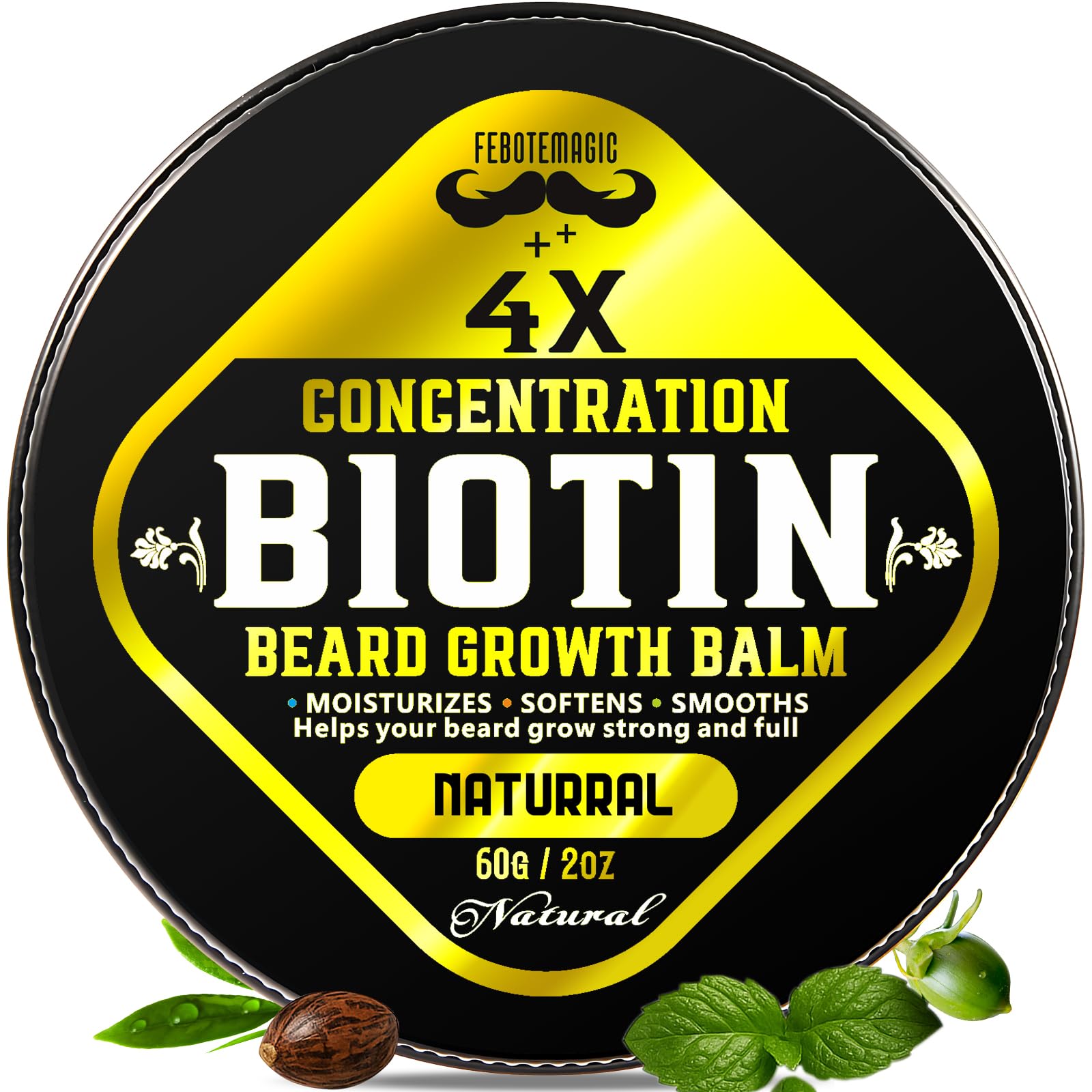 FEBOTE beard balm jar close-up showing conditioning formula for softer facial hair