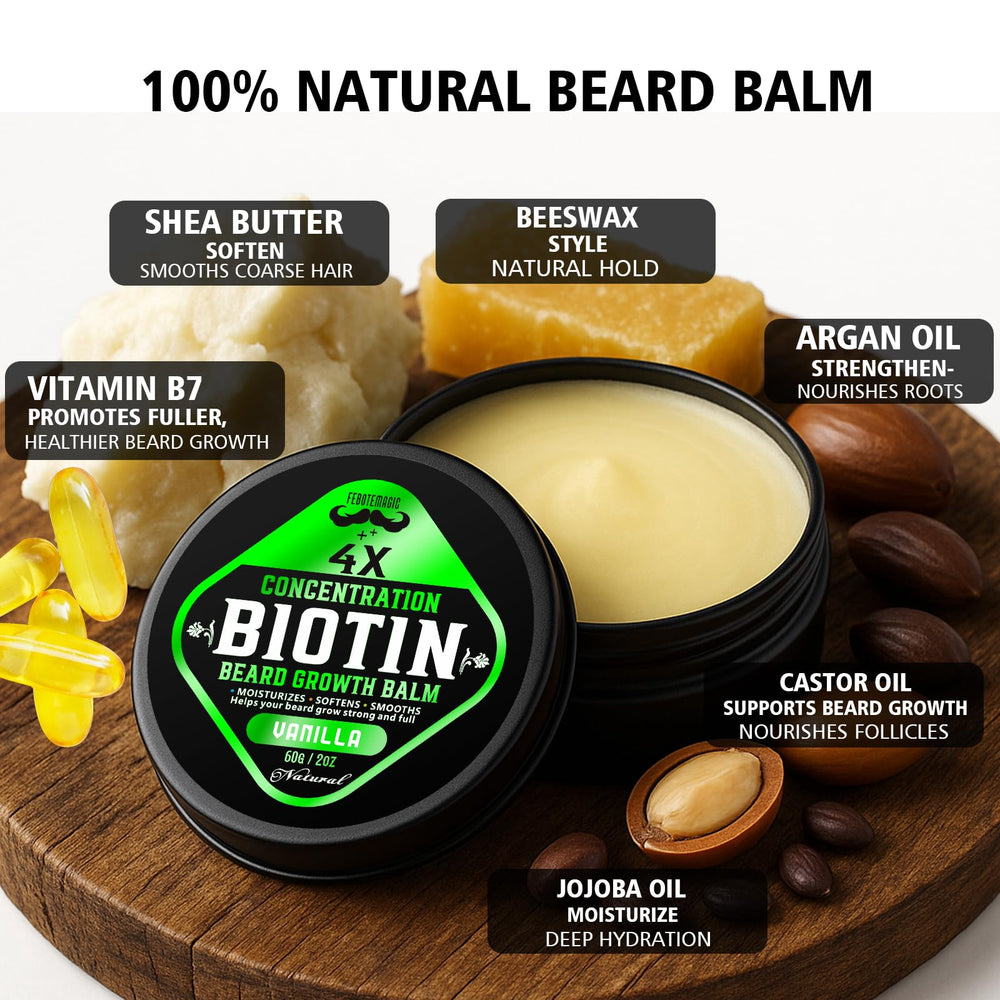 FEBOTE beard balm tin close-up emphasizes portable 2 oz size for on-the-go grooming.