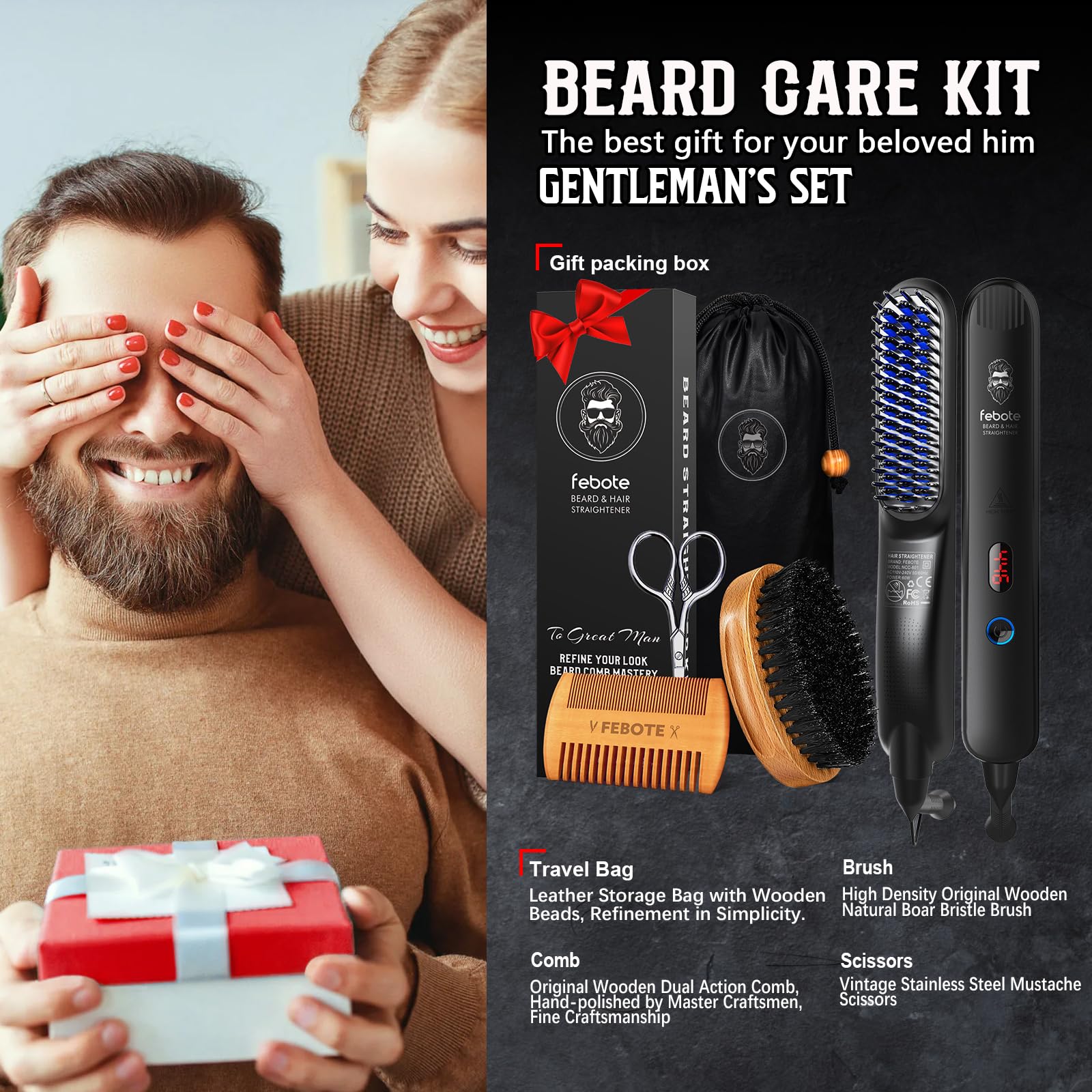 FEBOTE natural boar-bristle beard brush smooths and distributes beard oils.