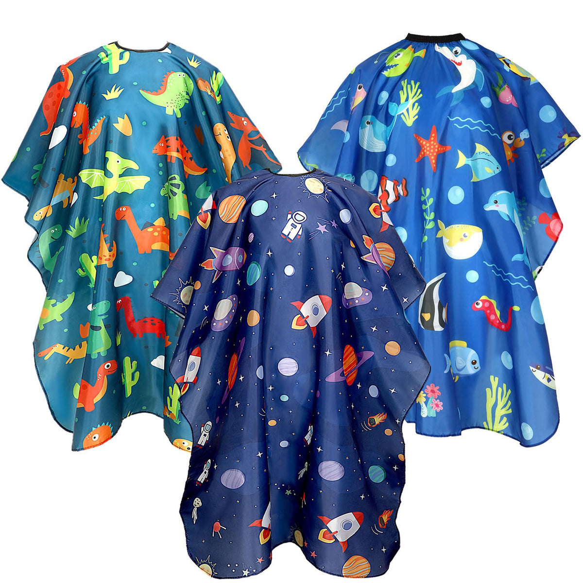 FEBSNOW kids haircut cape with universe pattern protects clothing during playful cuts.