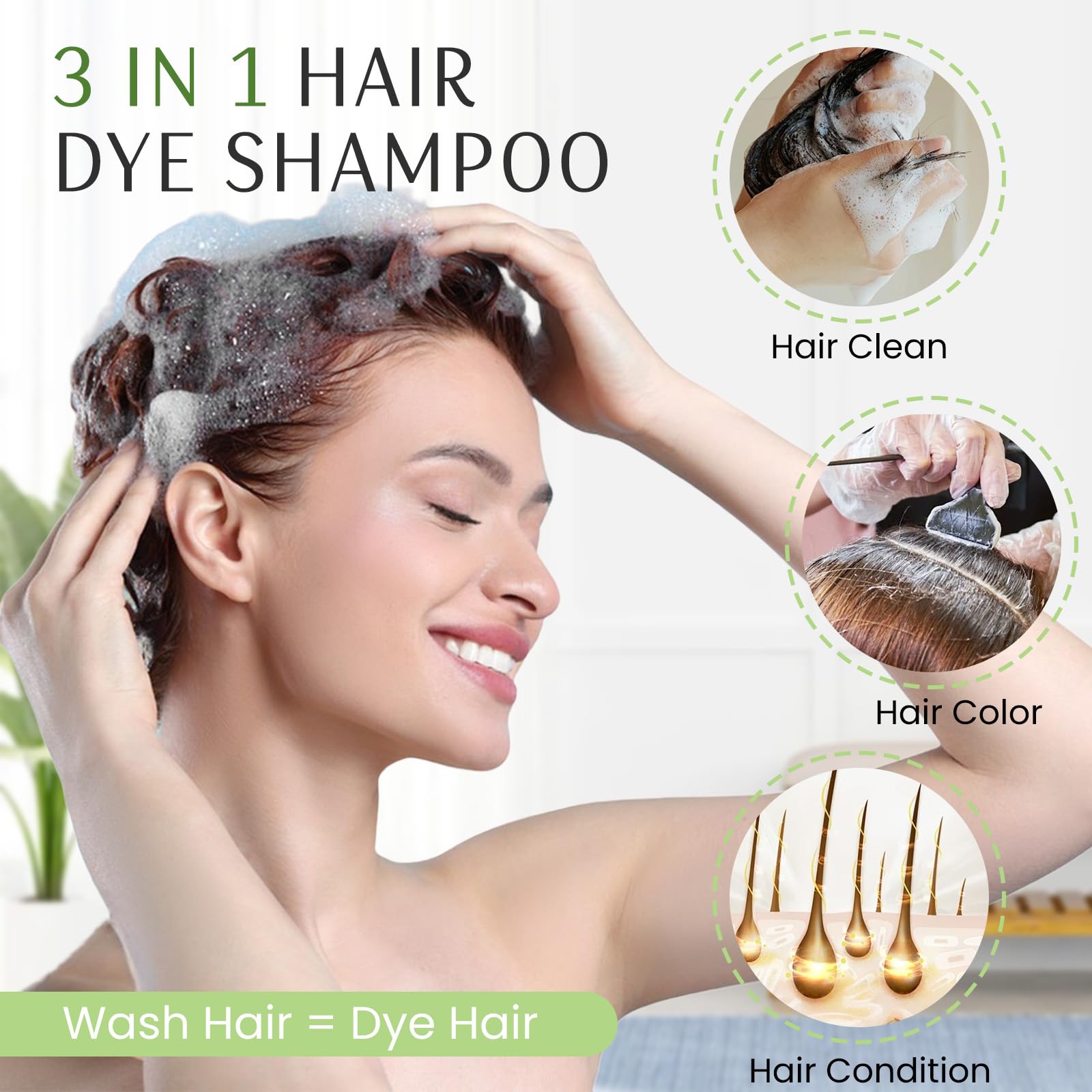 Fedulili hair dye shampoo application action showing easy 3-in-1 use.