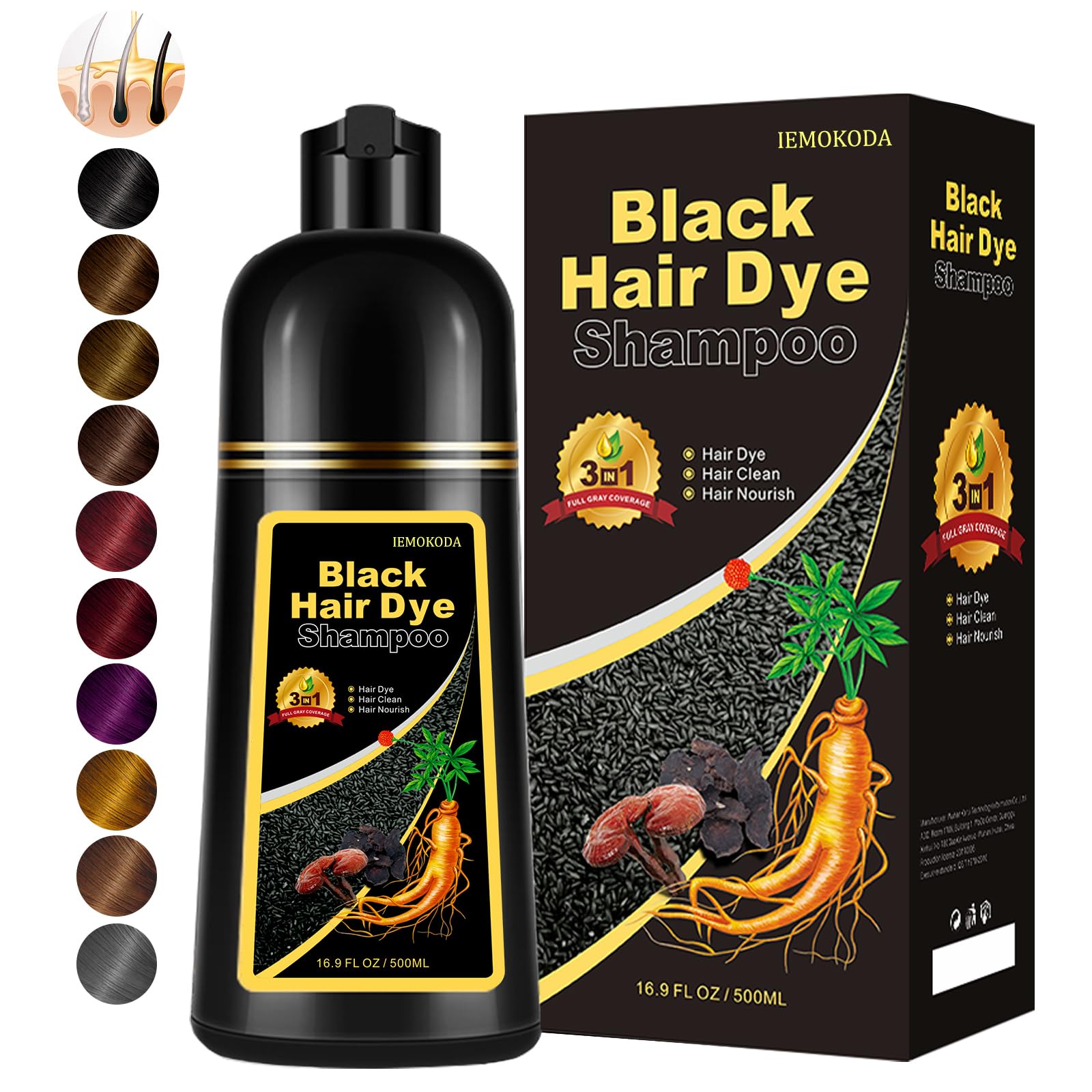 Fedulili Instant Black Hair Dye Shampoo bottle ready for use, quick gray coverage.