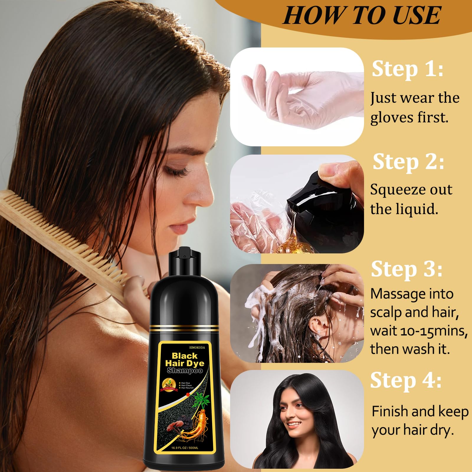 Fedulili Instant Black Hair Dye Shampoo finished look with darker, shinier hair.