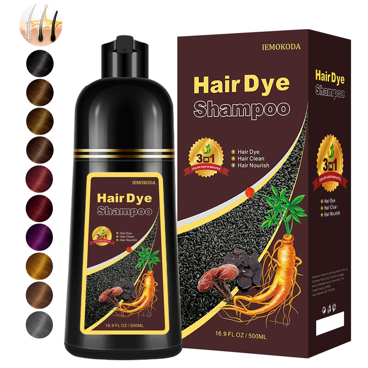 Fedulili Instant Coffee Hair Dye Shampoo bottle pours for quick gray coverage.