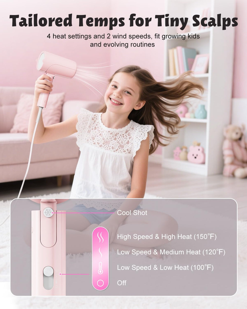 Feekaa kids dryer with four heat modes for gentle styling