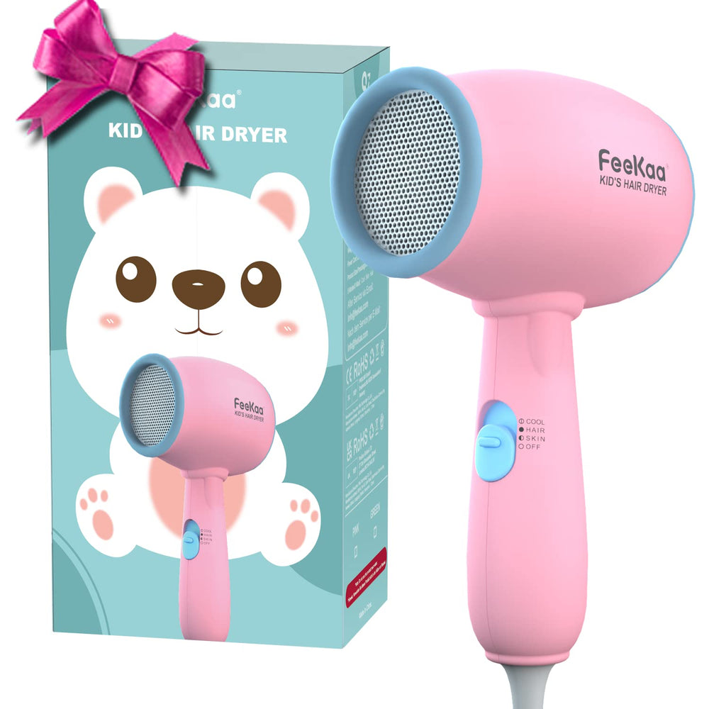 FeeKaa Kids Hair Dryer pink front view, lightweight design for easy home styling