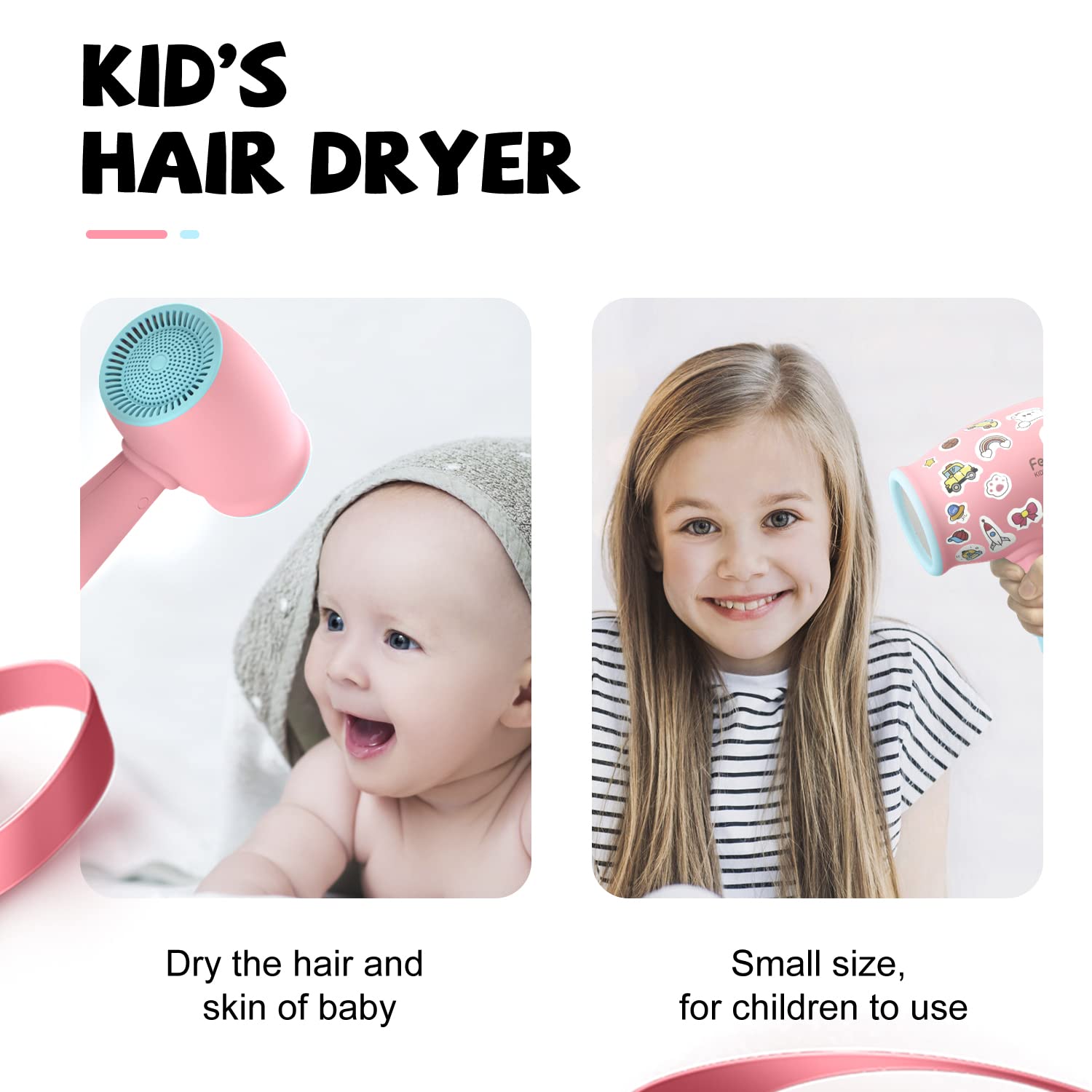 FeeKaa Kids Hair Dryer pink ergonomic handle for kid-friendly grip