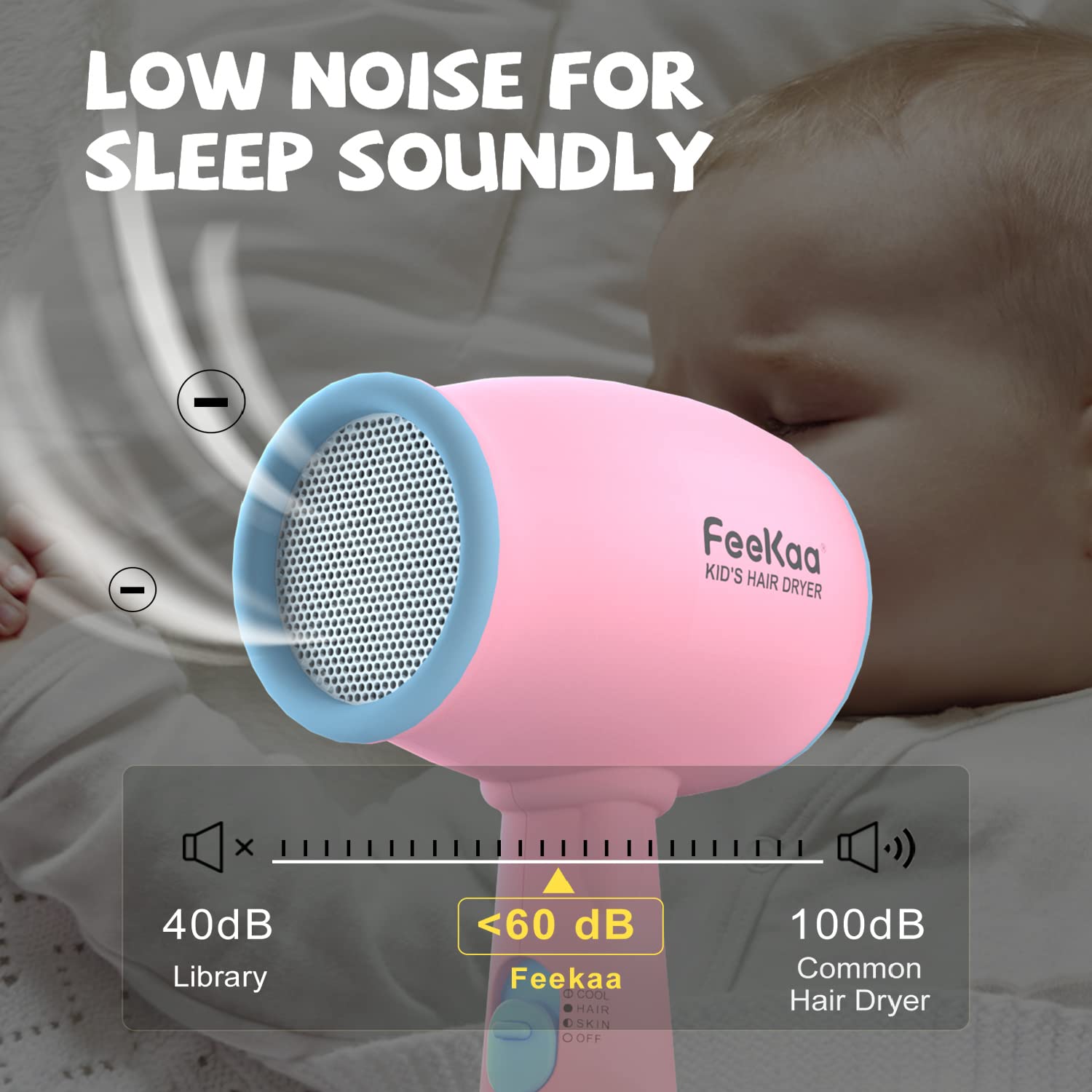 FeeKaa Kids Hair Dryer pink safety lock and auto-shut-off feature