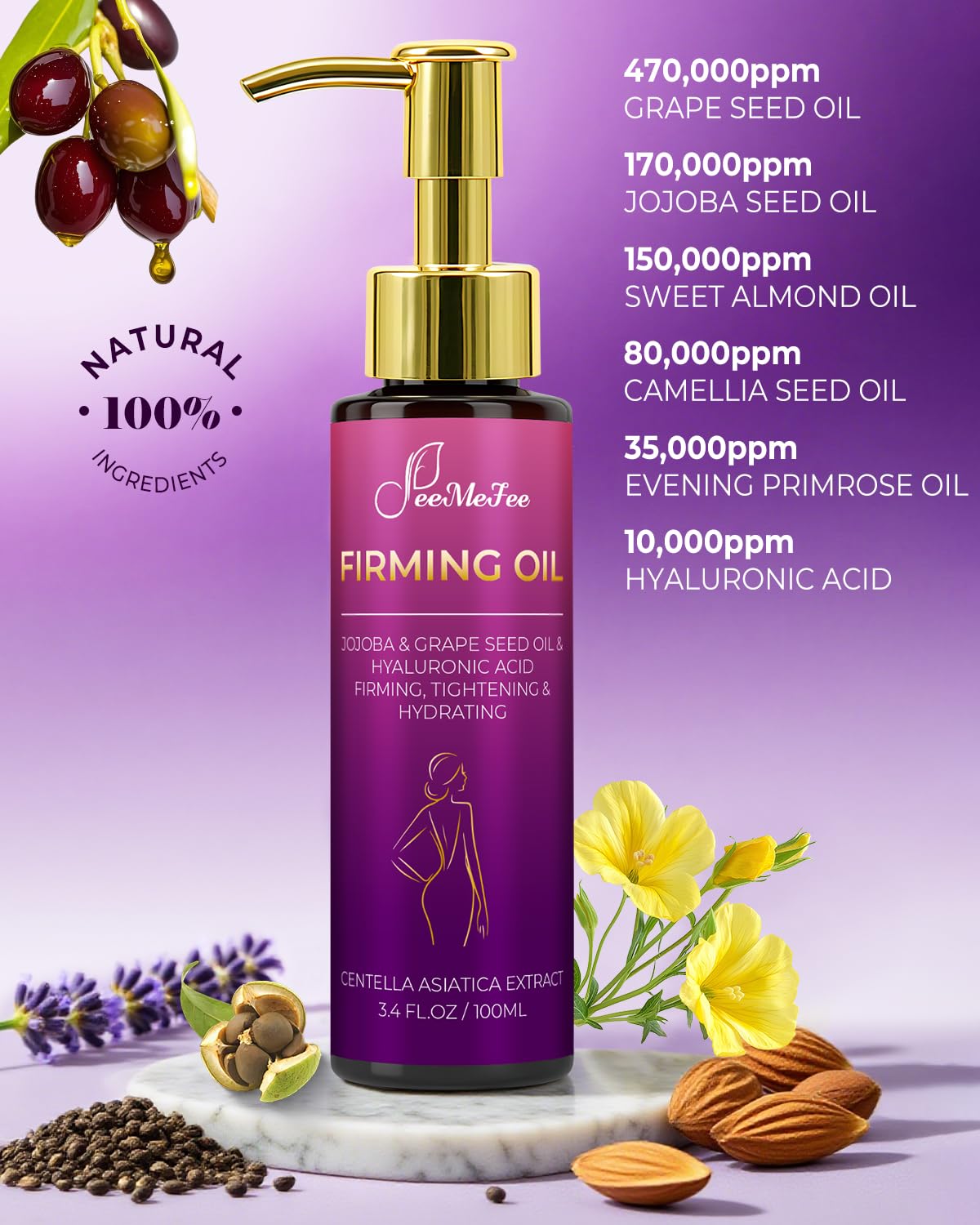 FeeMeFee Body Firming Oil includes hyaluronic-acid boost for lasting moisture.