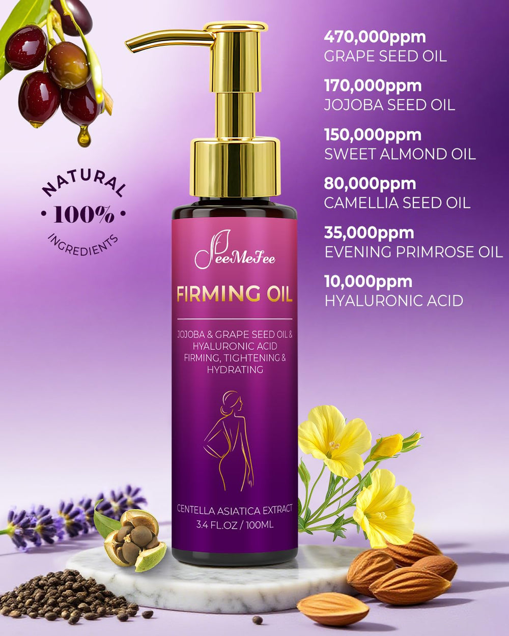 FeeMeFee Body Firming Oil includes hyaluronic-acid boost for lasting moisture.