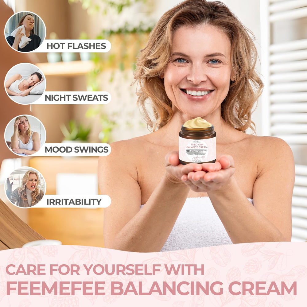 FeeMeFee Wild Yam Cream dispense shot emphasizes quick absorption and easy application