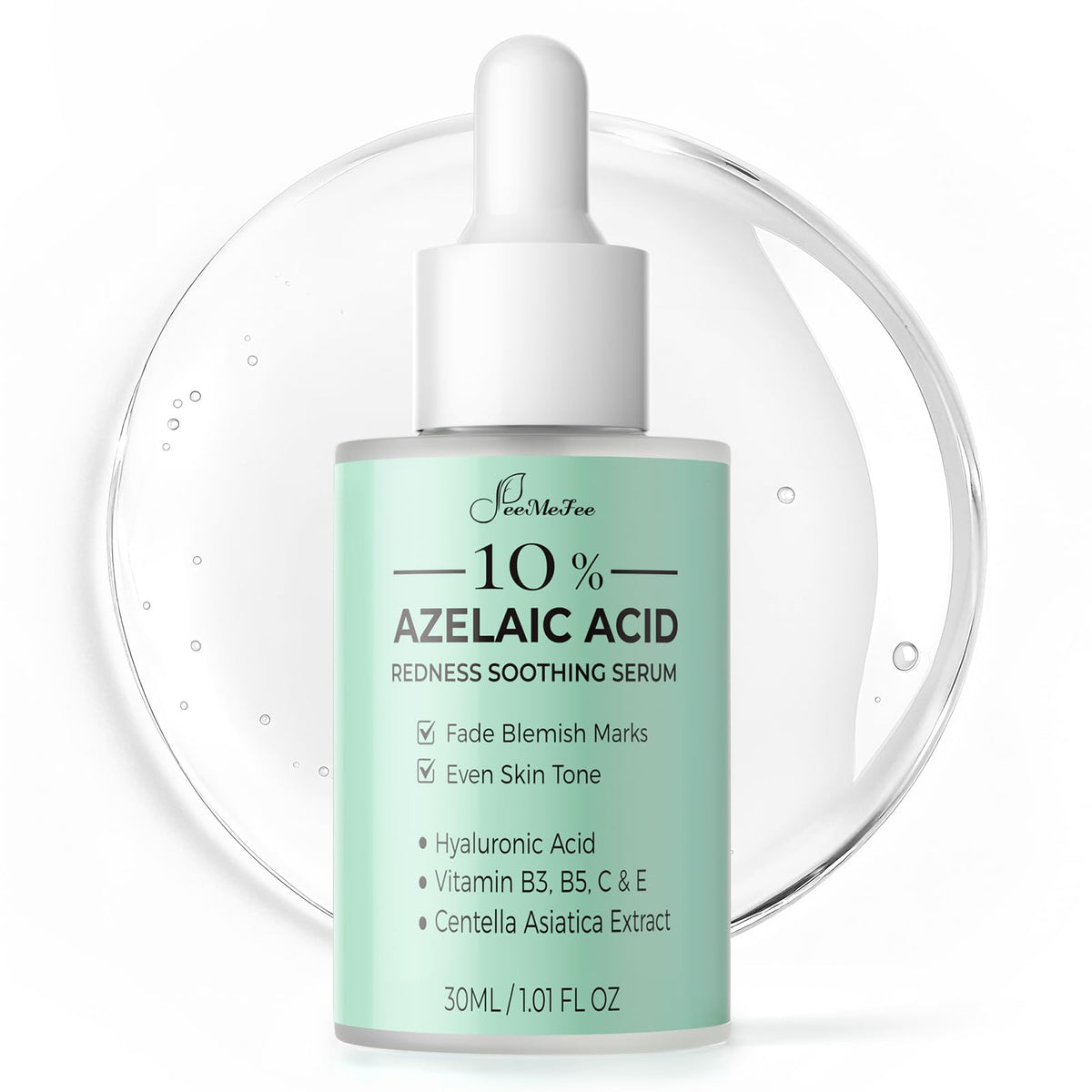 FeeMeFee Azelaic Acid Serum bottle showing 10% formula for calmer redness-prone skin.