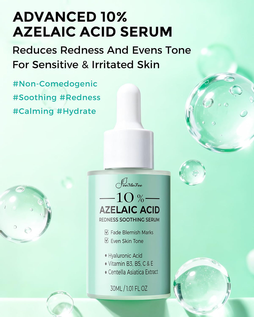 FeeMeFee Azelaic Acid Serum dropper delivering precise, gentle application on sensitive skin.