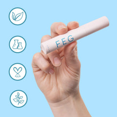 FEG eyelash serum bottle with brush demonstrates convenient nighttime use.