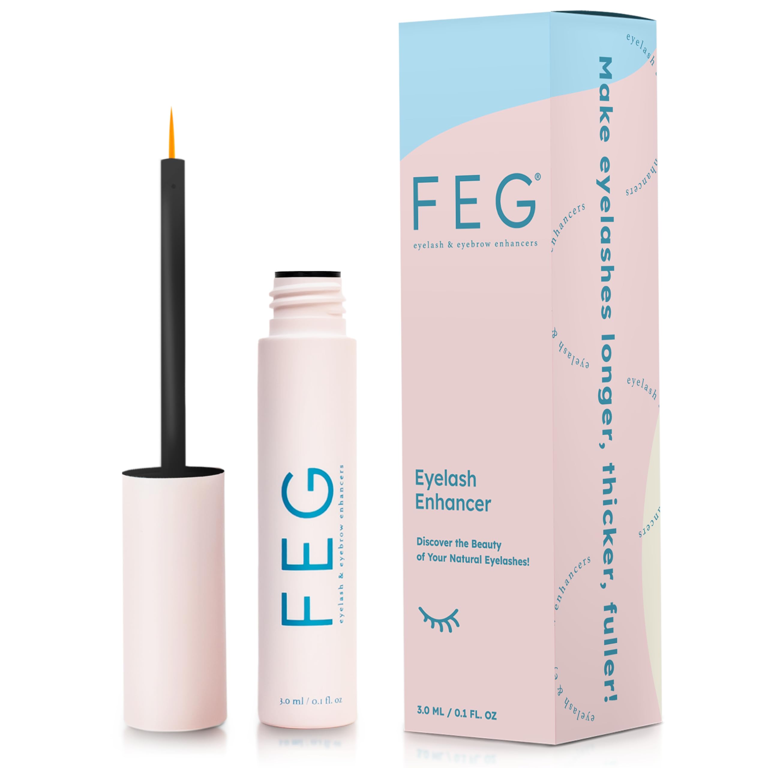 FEG eyelash serum bottle with brush for easy nightly conditioning.