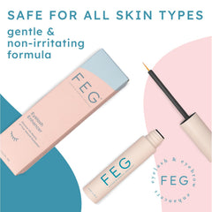 FEG eyelash serum box packaging highlights natural formula and certifications.