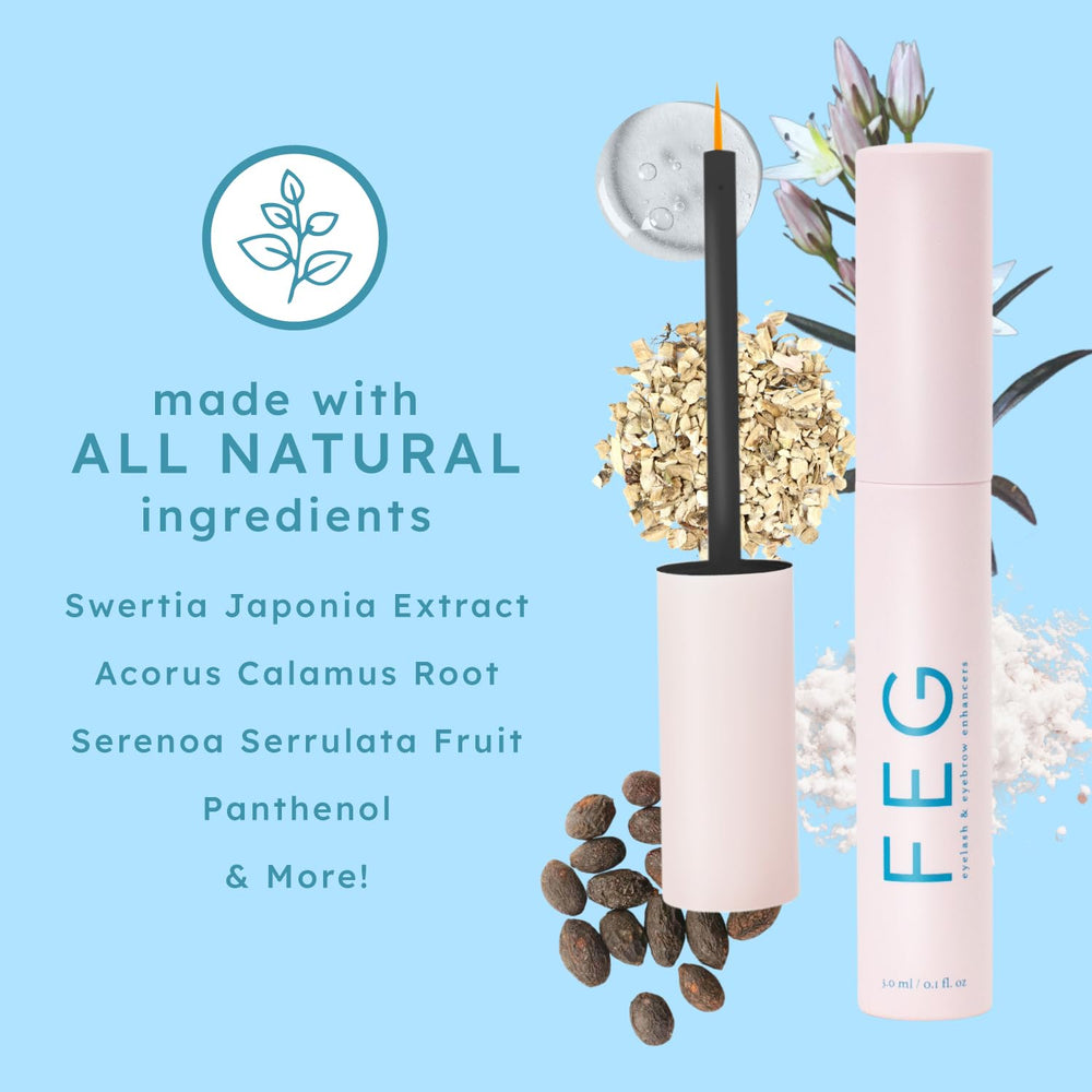 FEG eyelash serum ingredients label shows paraben-free natural formula for safety.