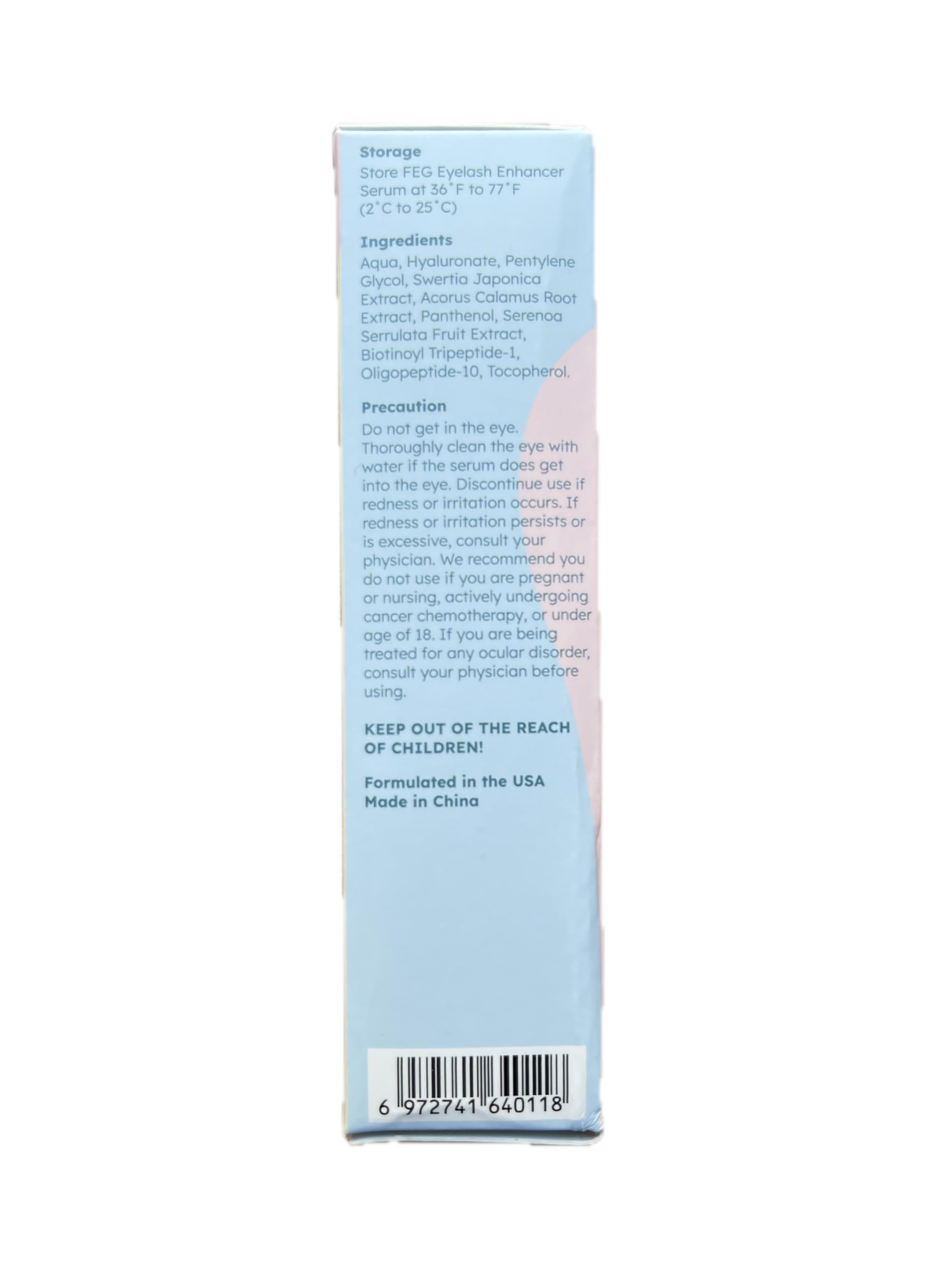 FEG eyelash serum packaging angled view for shelf-ready display.