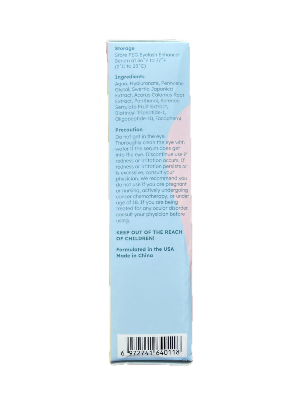 FEG eyelash serum packaging angled view for shelf-ready display.