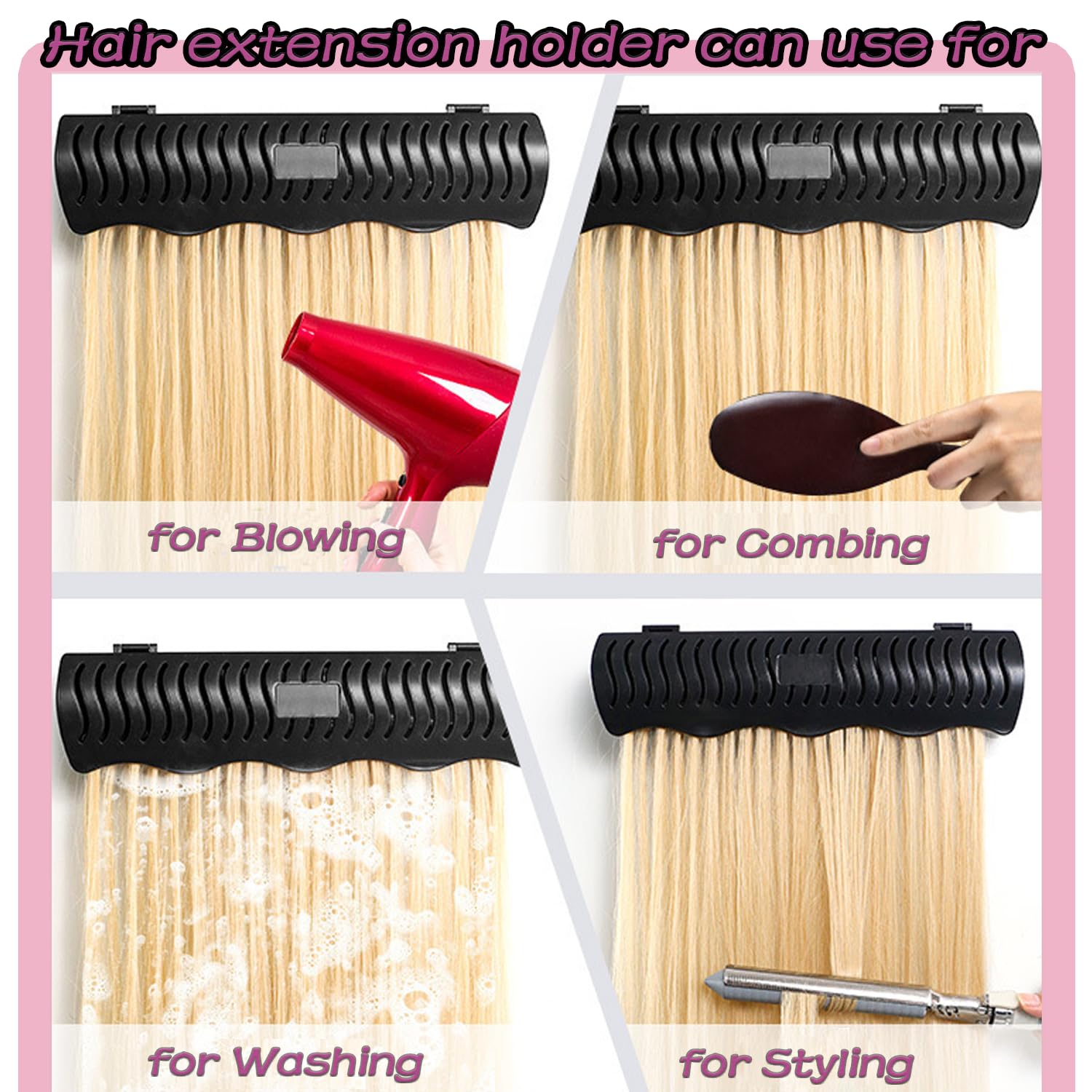 FEHOKA hair extension holder installation options shown for flexible mounting.