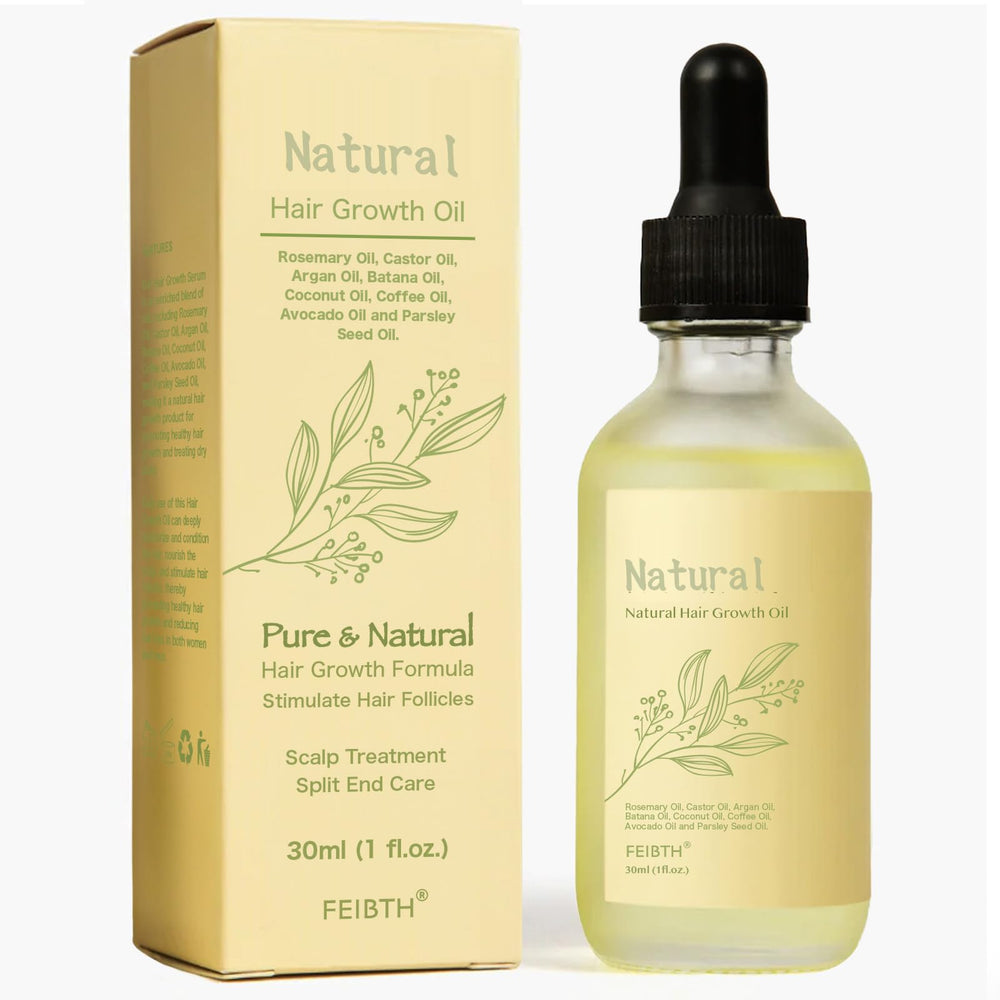 FEIBTH Natural Hair Growth Oil bottle highlights scalp hydration and nourishment.